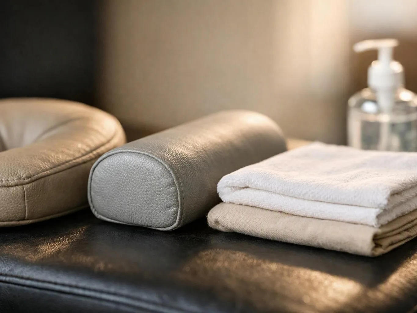 Folded towels, padded armrests, and a soap bottle sit on a dark spa table