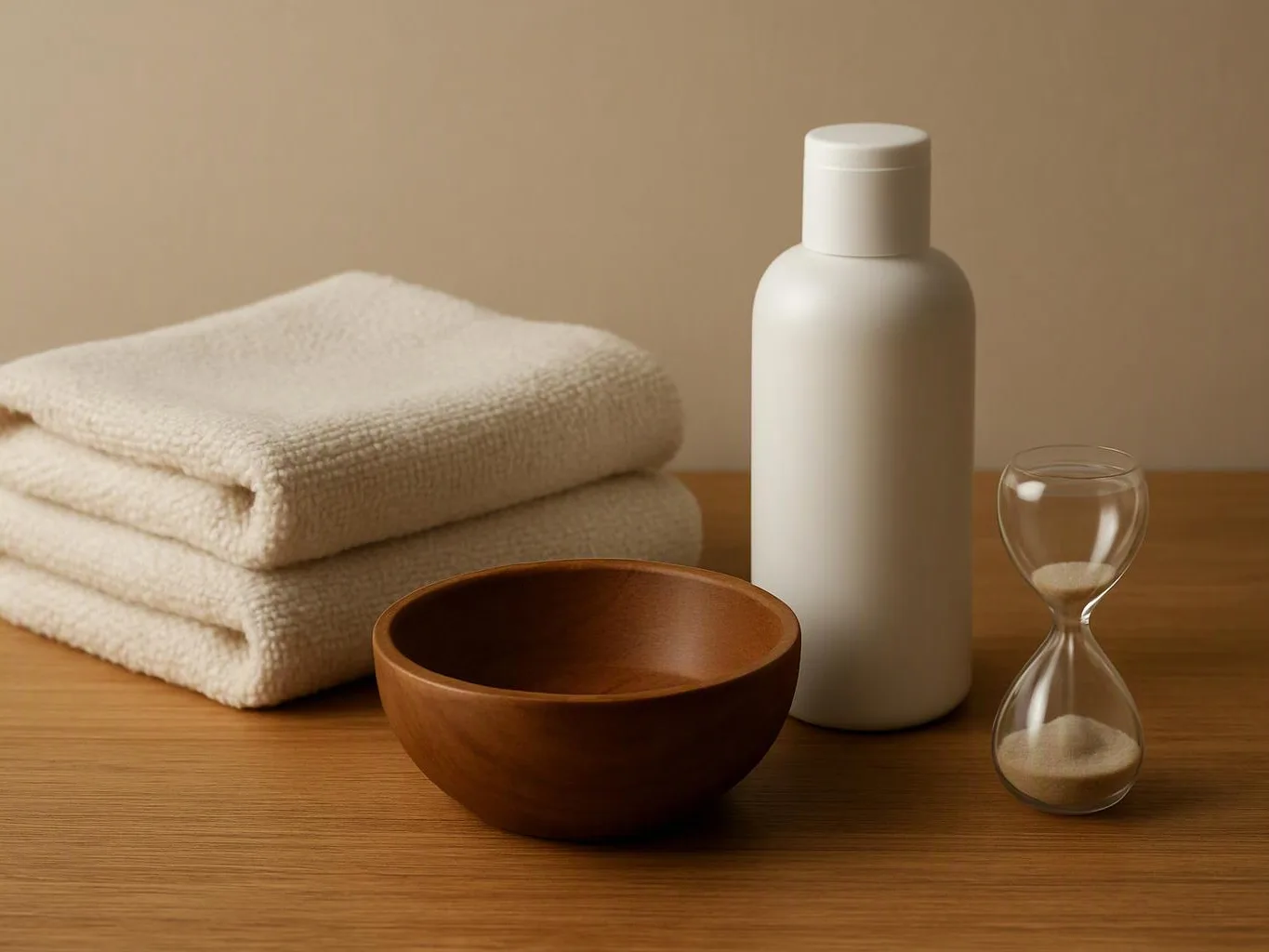 Folded towels, a wooden bowl, a white bottle, and an hourglass sit on a wooden surface