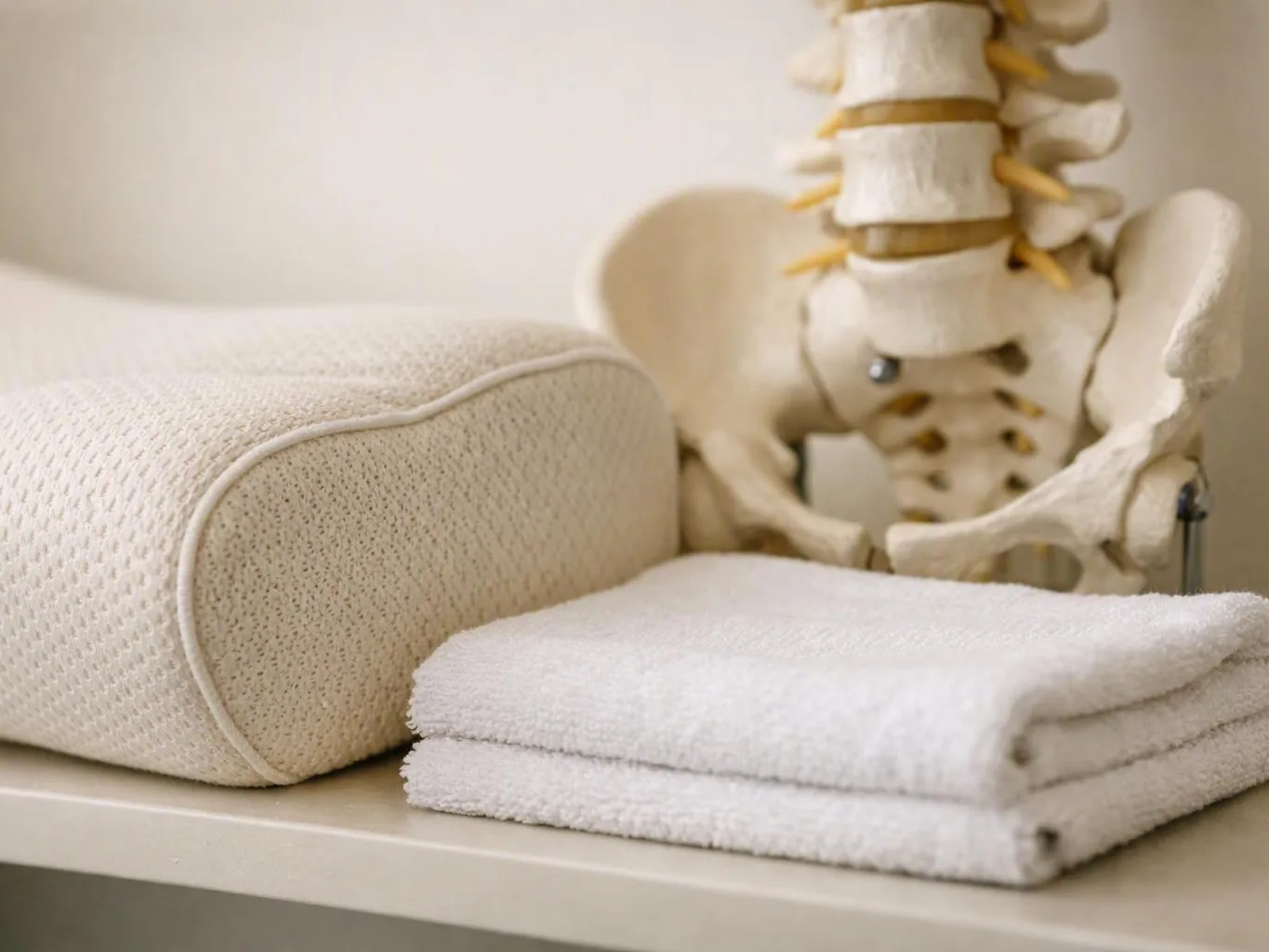 A folded white towel, a textured bolster pillow, and a spine model sit on a shelf against a plain wall