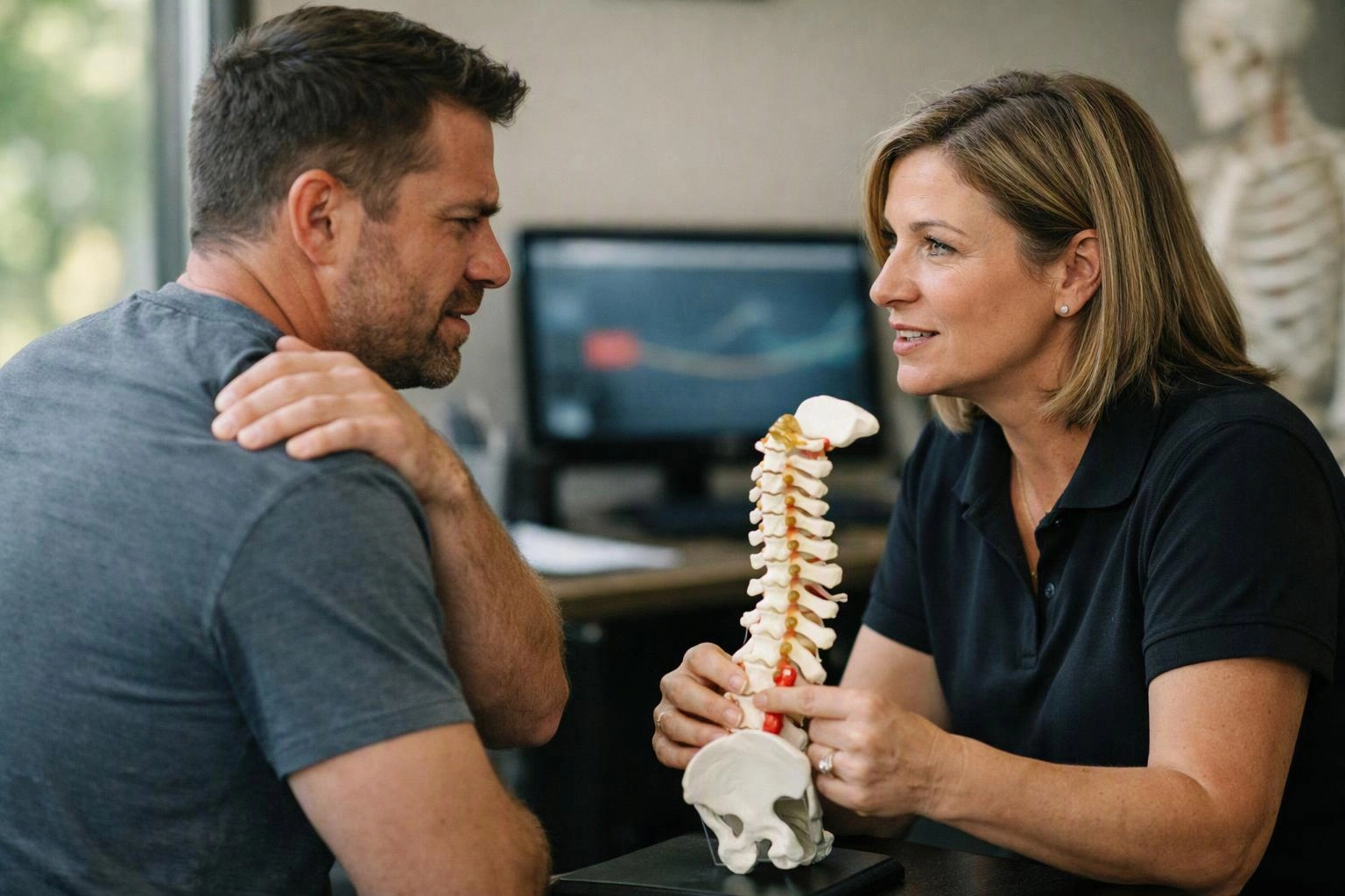 A woman shows a man a spine model in a clinic while they talk face to face