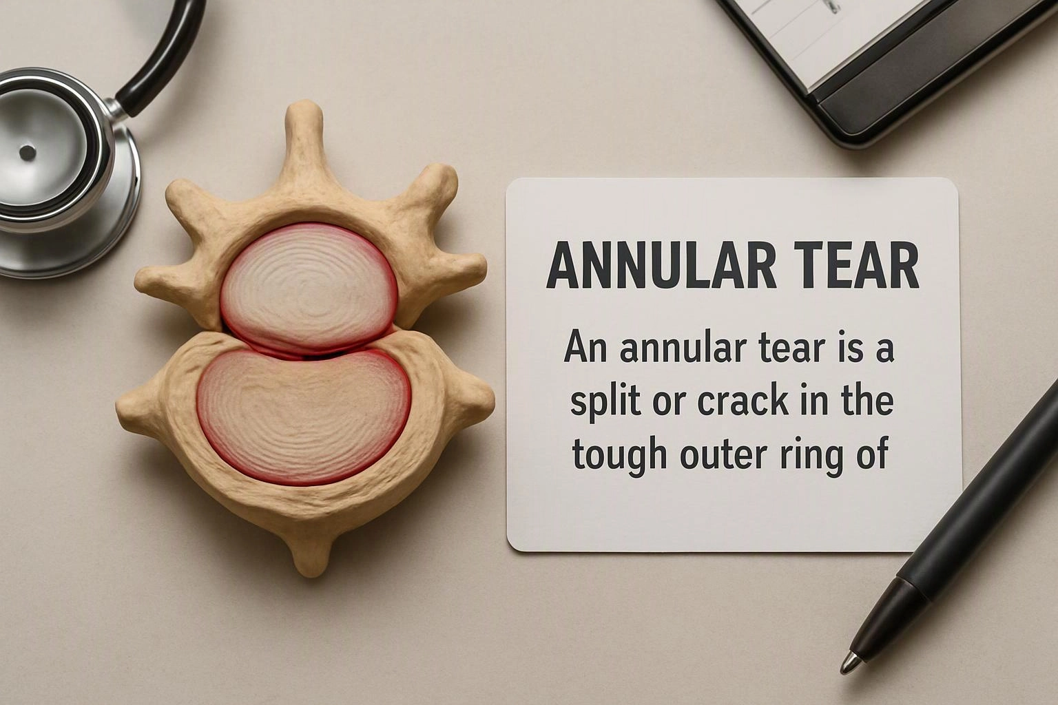 A medical model of a spinal disc sits beside a card reading “ANNULAR TEAR” on a desk with a stethoscope and pen