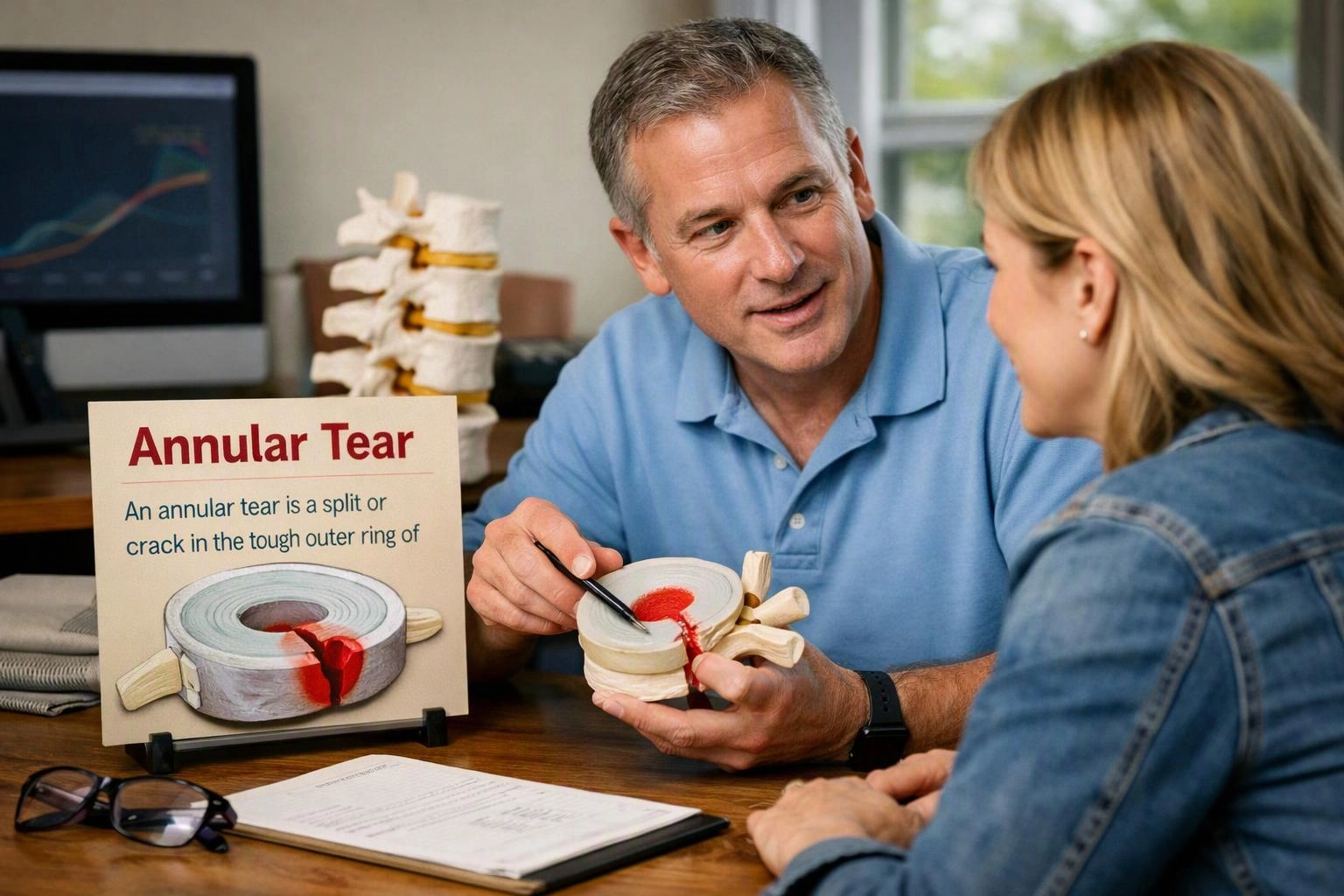 A man shows a woman a spine model and a sign about an annular tear in a clinic office