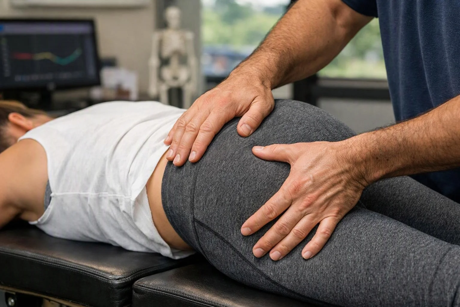A therapist presses a woman’s hip while she lies face down on a padded table in a clinic