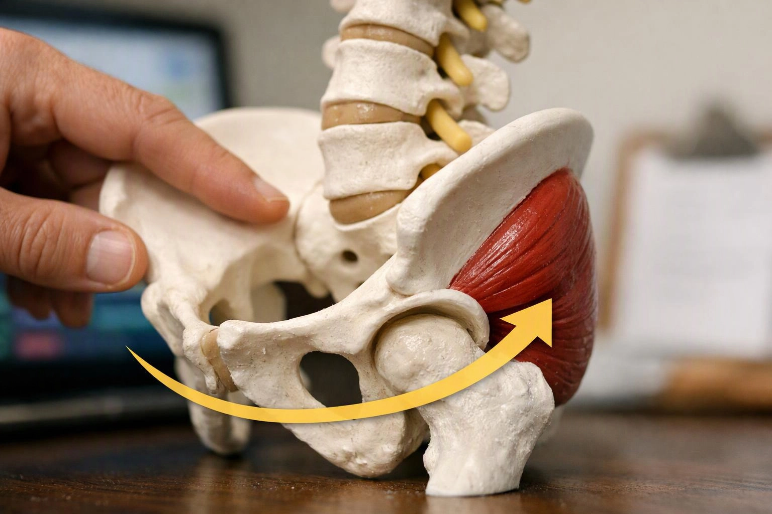 A hand points to a pelvis model with a red hip muscle and a yellow curved arrow around it