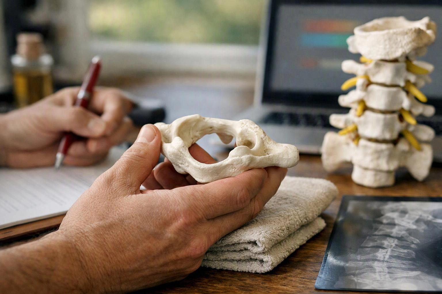 Hands hold a white bone model over a desk beside a notebook, laptop, spine model, and X-ray image