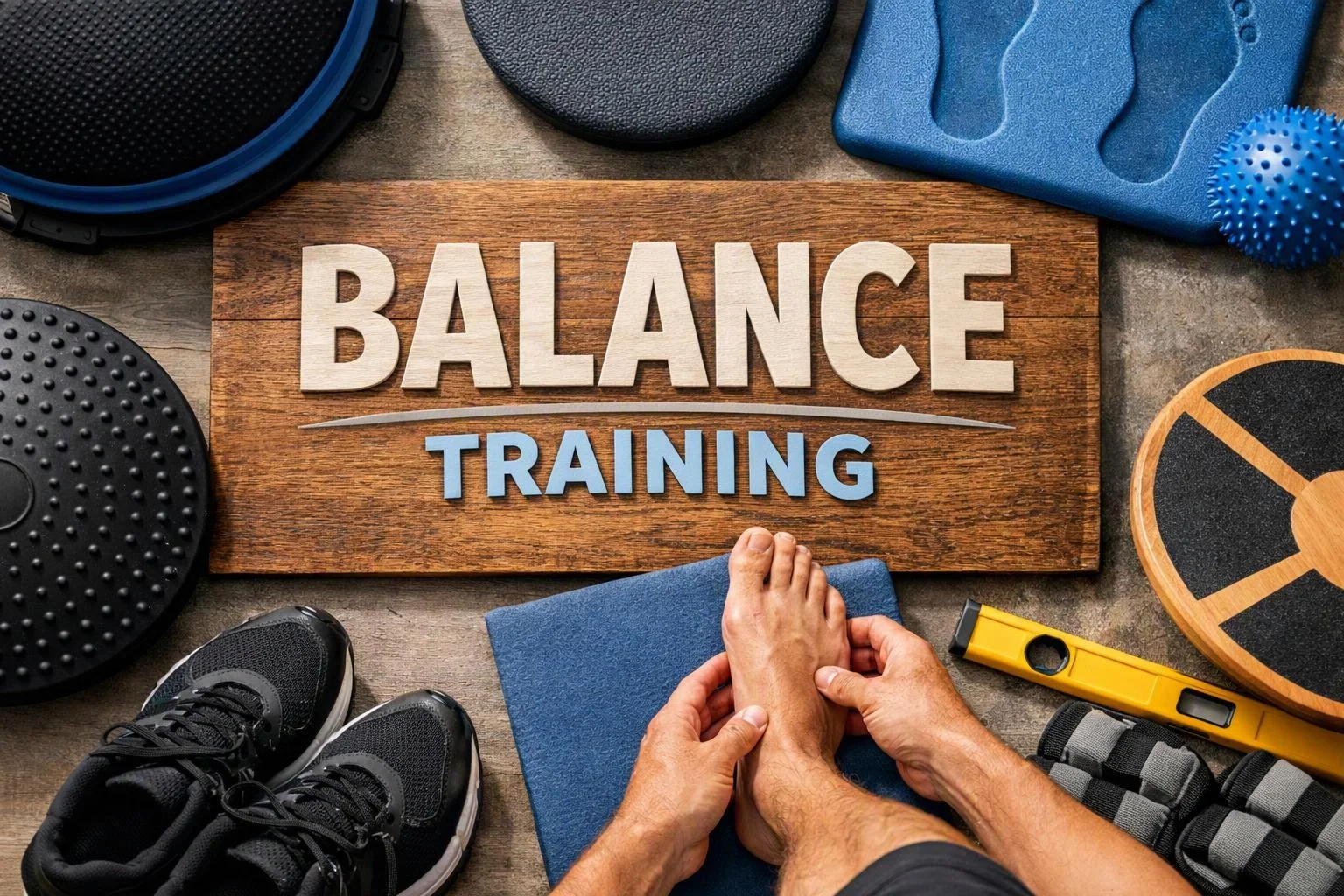 Hands hold a bare foot on a blue mat, surrounded by balance training gear and a wooden sign reading balance training