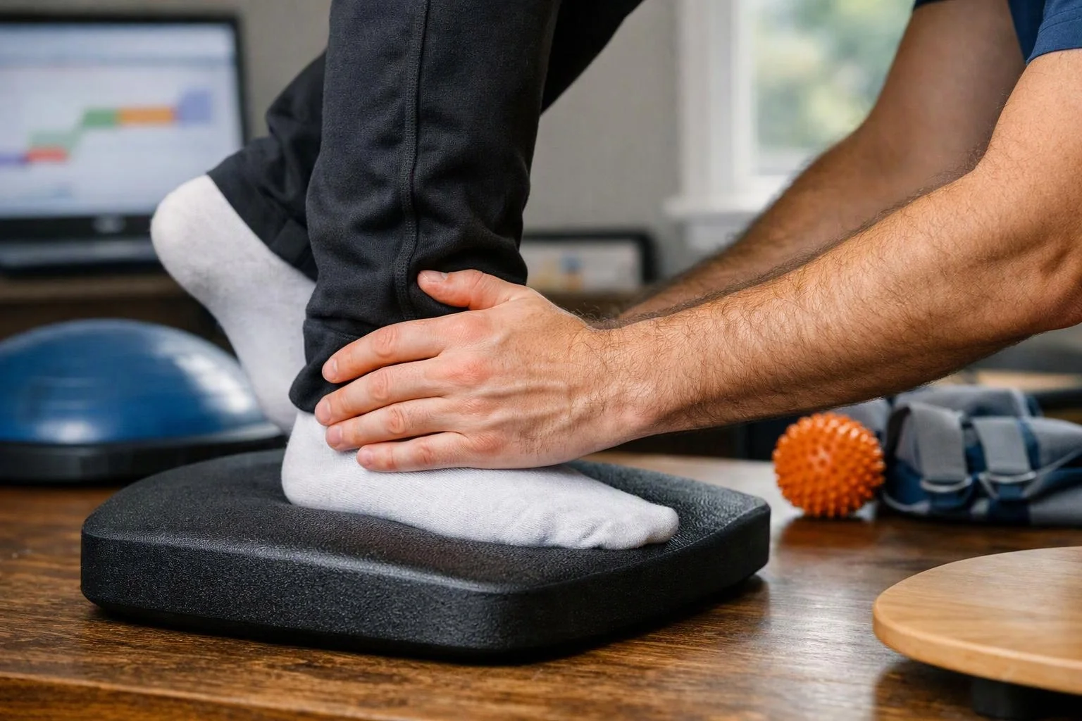 A person steadies a socked foot on a balance pad during a home exercise session