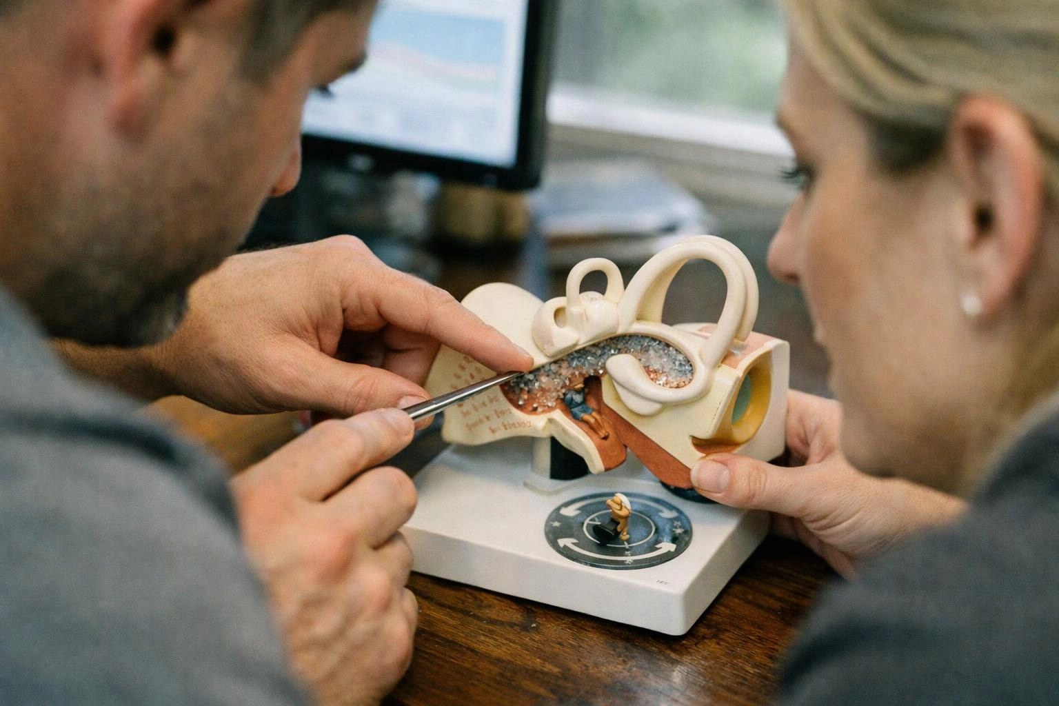 Two people examine an ear anatomy model with a probe on a wooden table in an office