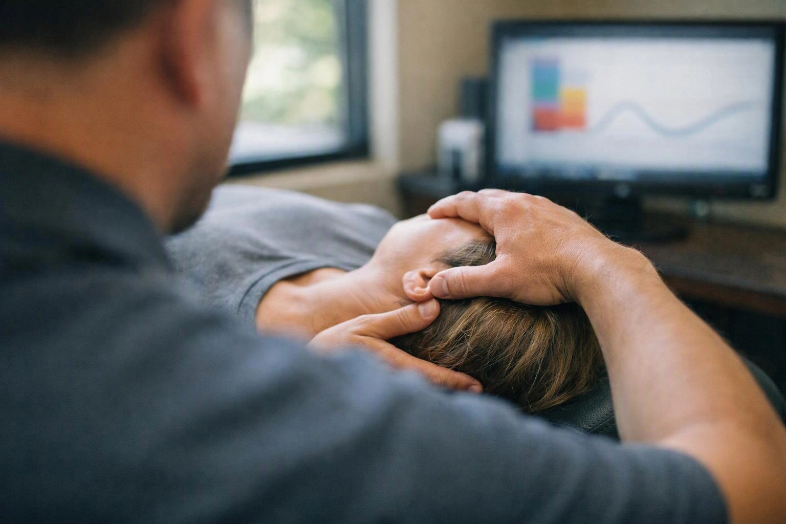 A chiropractor gently adjusts a patient’s neck in a clinic room with a computer monitor in the background