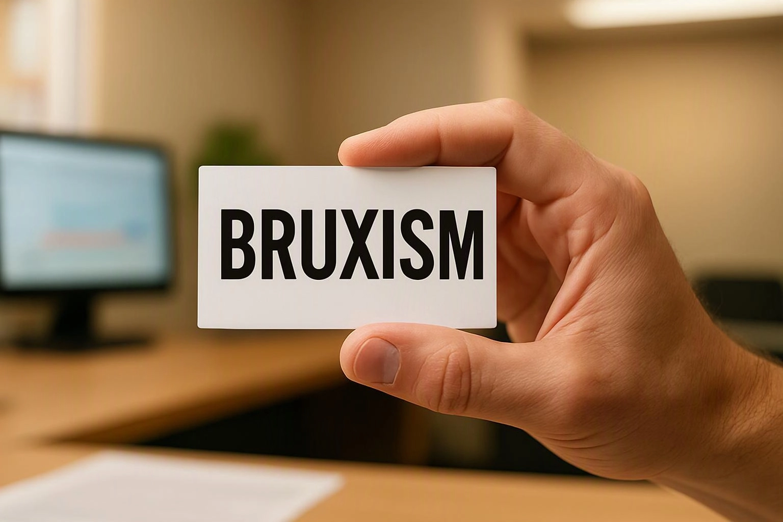 A hand holds a white card reading “BRUXISM” in front of a blurred desk and computer screen