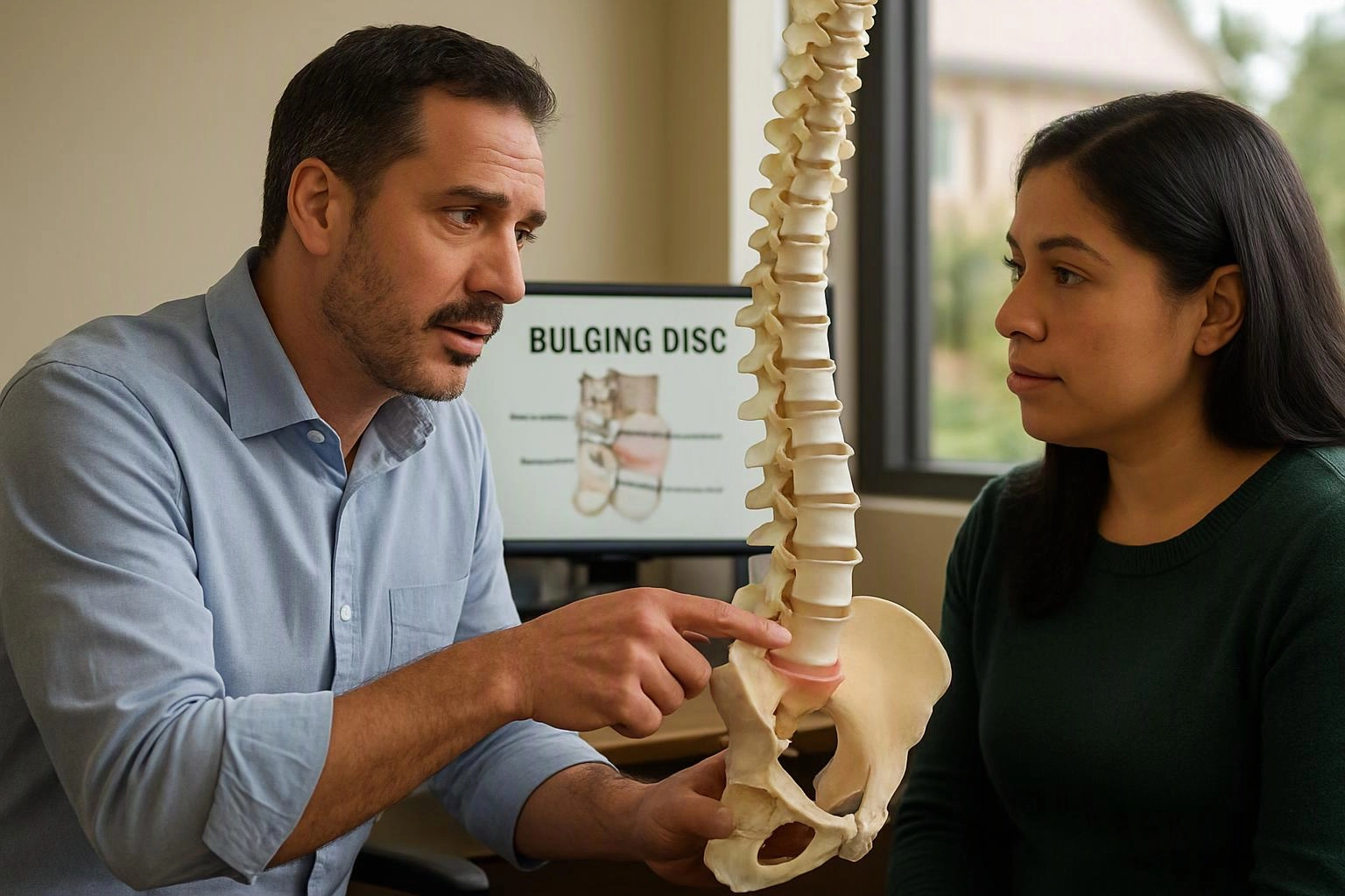 A man points to a spine model while talking with a woman in a medical office, with a bulging disc chart behind them