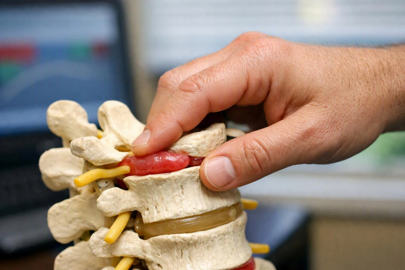 A hand presses a small spine model showing bones, discs, and yellow nerves in a clinical setting
