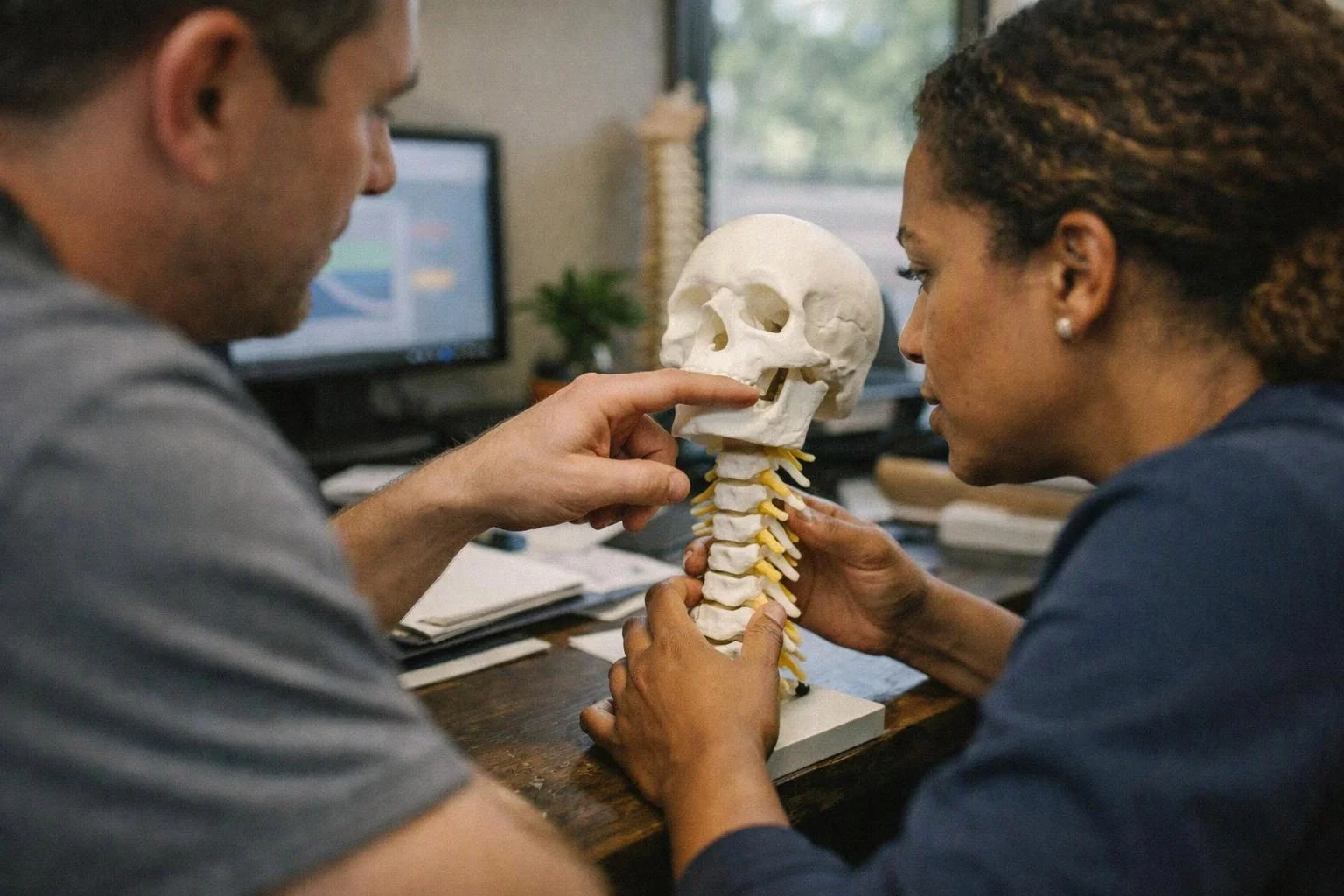 Two people study a skull and neck model at a desk in a classroom or office