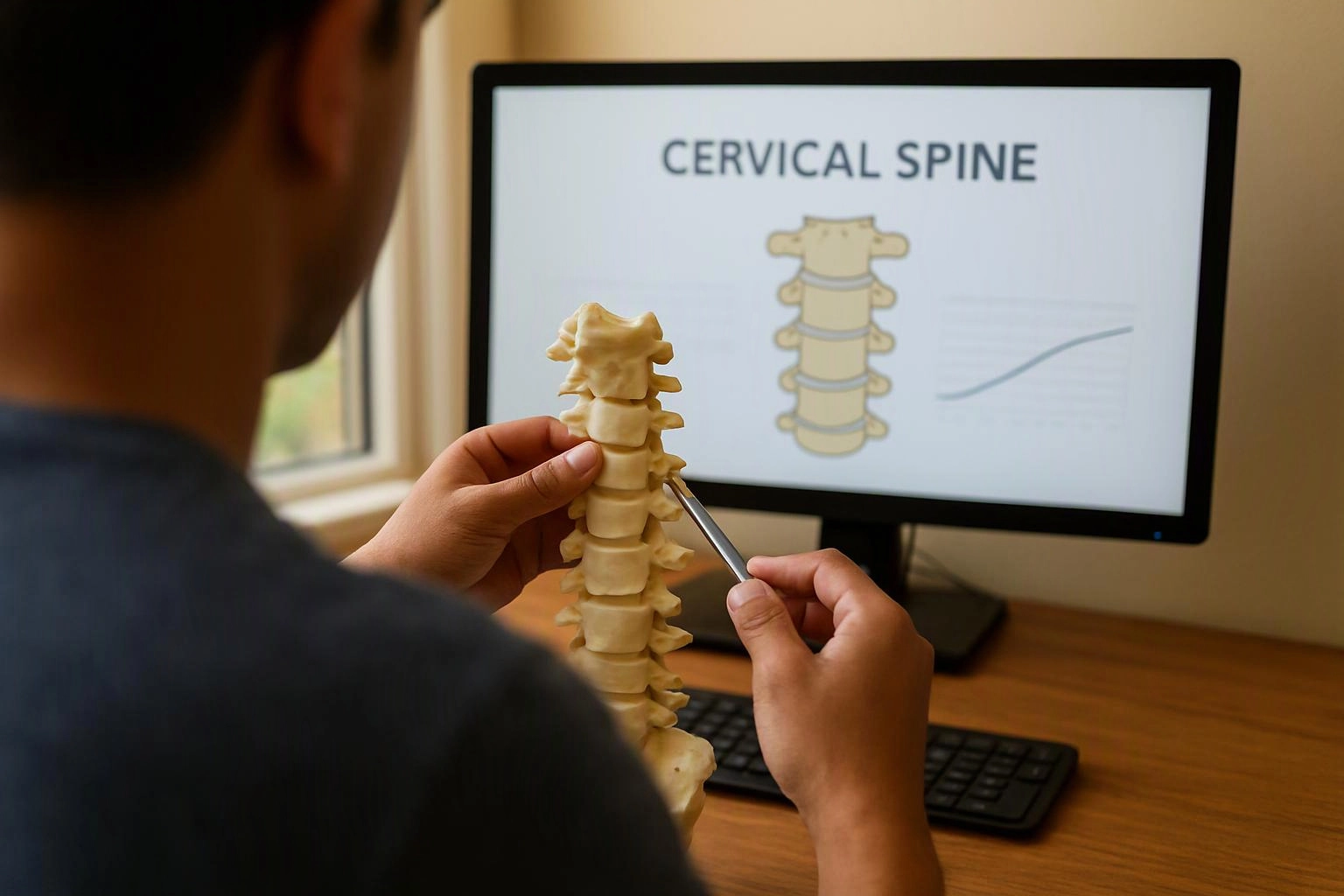 A person studies a spine model beside a monitor showing “CERVICAL SPINE” in a desk setting