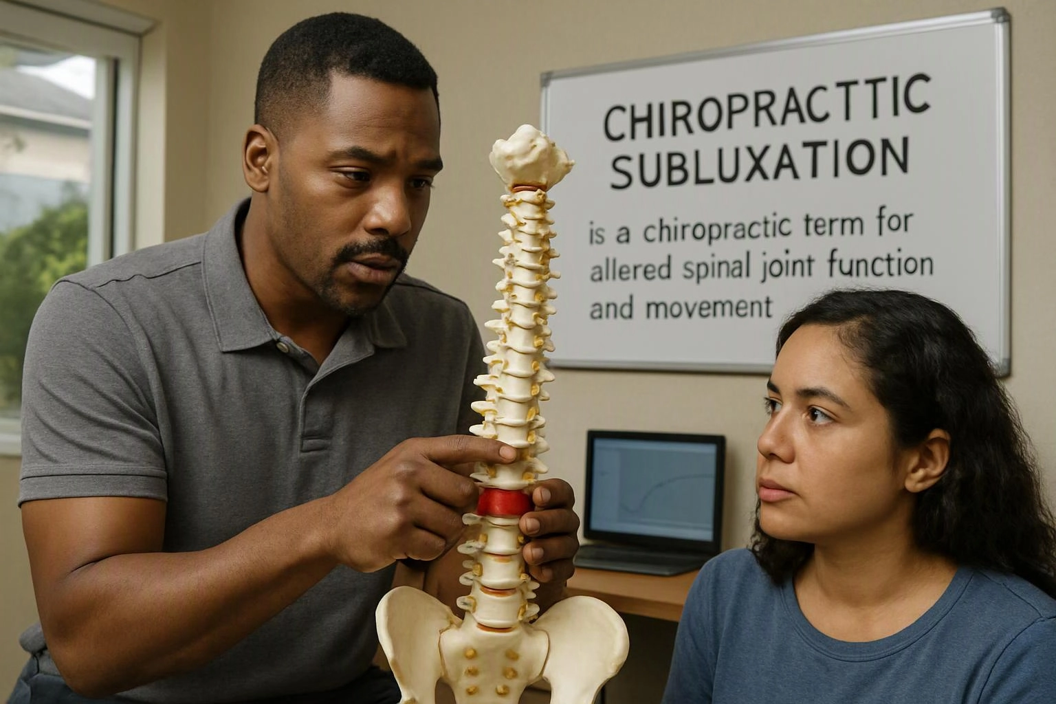 A man points to a spine model while talking to a seated woman in a clinic, with a wall chart behind them