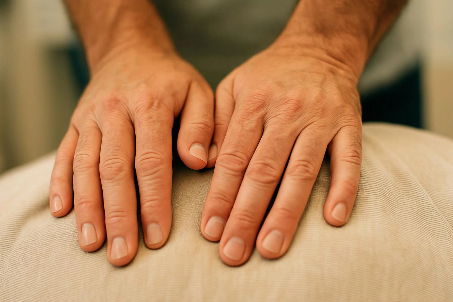 Two hands press flat on a person’s back during a massage, with a soft indoor background
