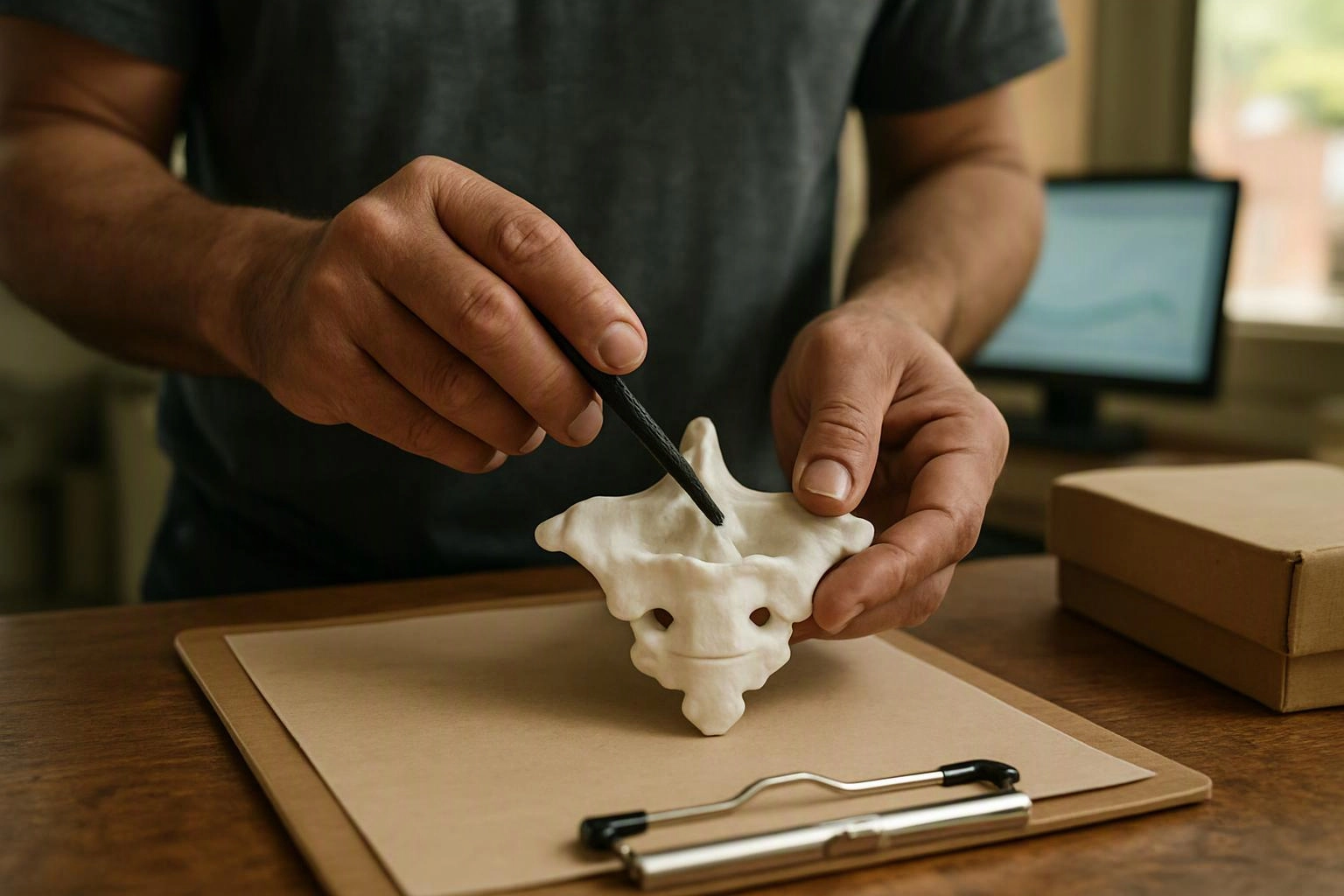 A person uses a small tool to shape a white skull-like object at a desk