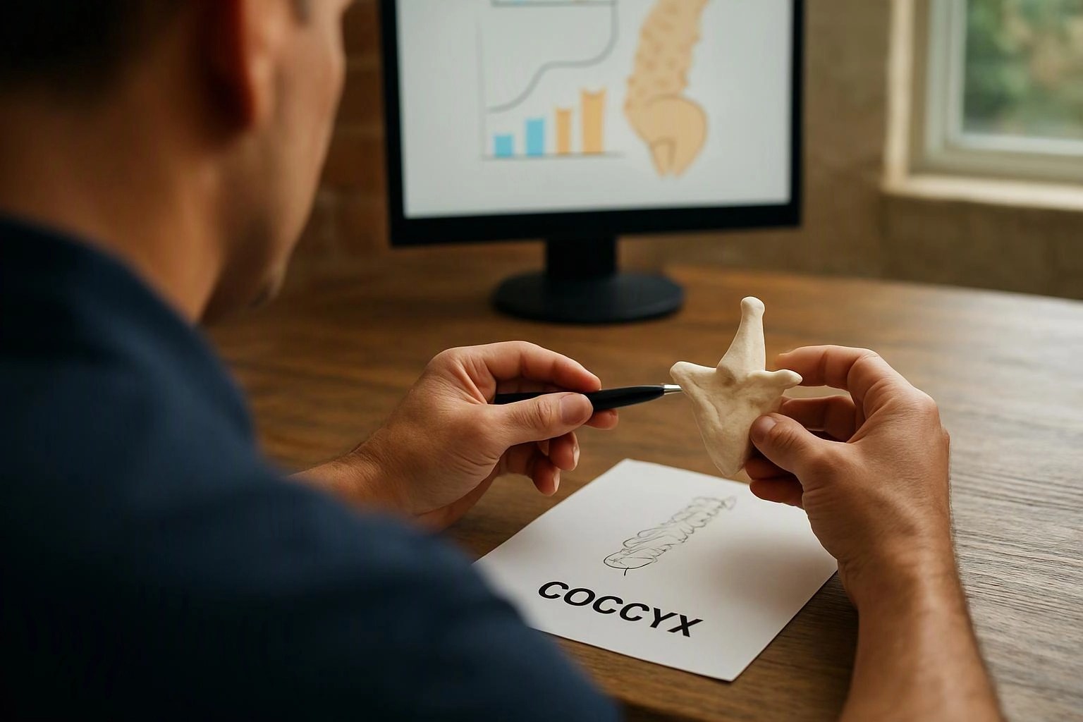 A person studies a spine bone model at a desk with a monitor in the background