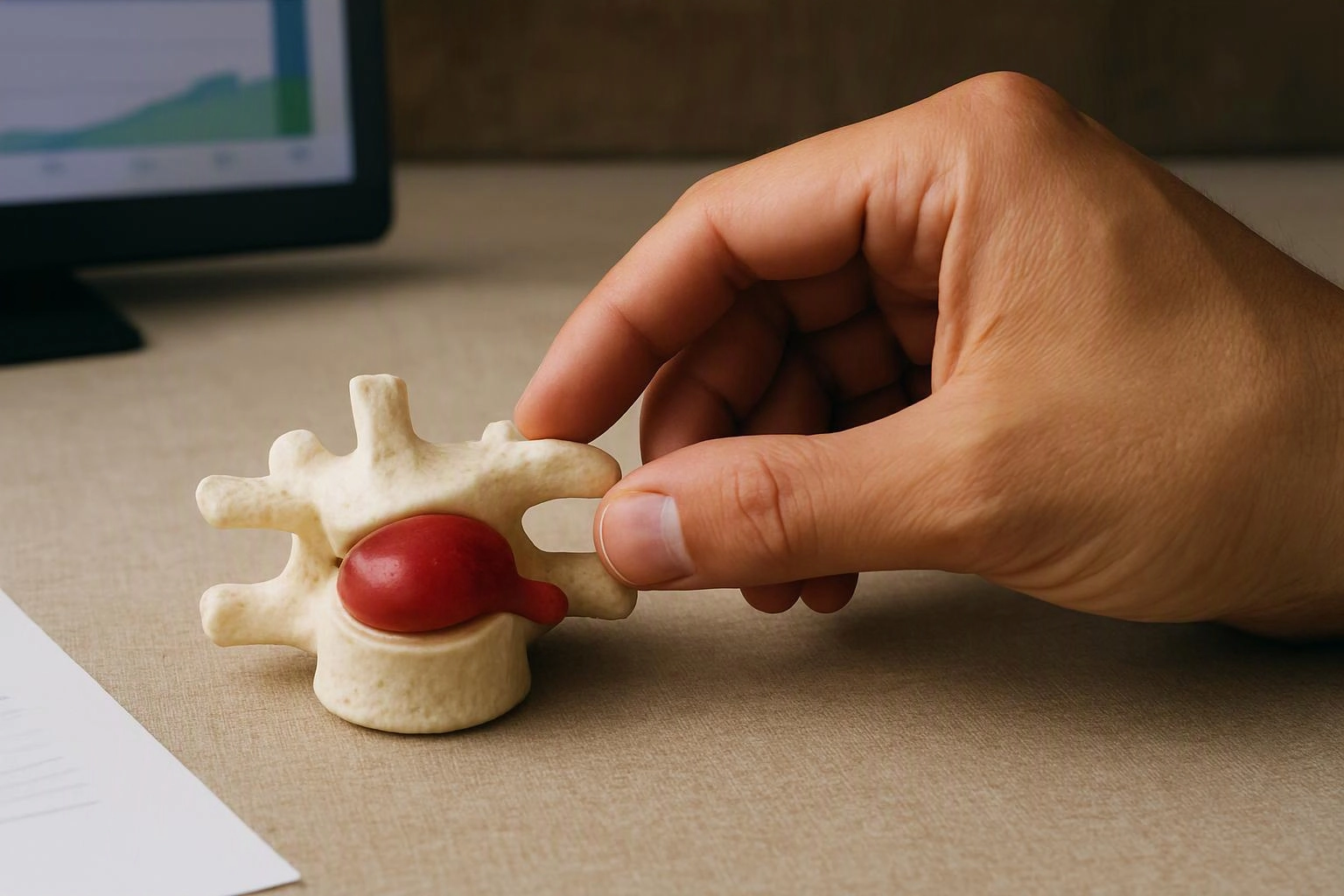 A hand holds a small spine model with a red disk on a desk near a blurred monitor