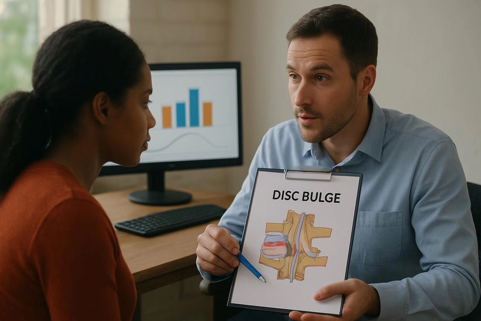 A doctor shows a clipboard labeled disc bulge to a seated woman in a clinic office
