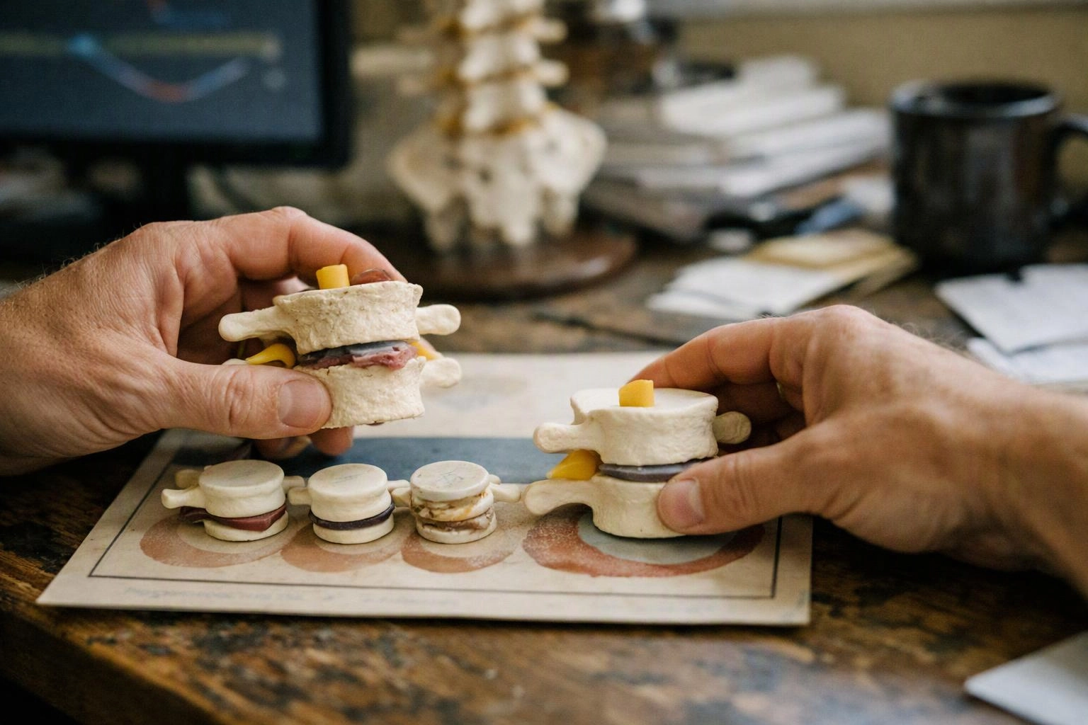 Two hands arrange small spine-shaped models on a desk with papers and a computer screen in the background