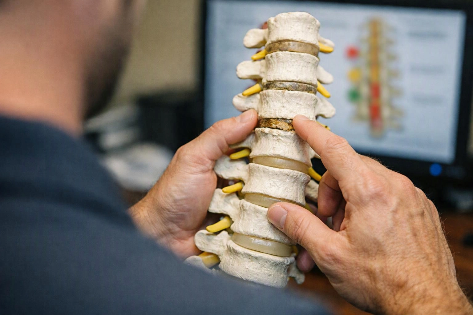 A person holds a spine model and points at the lower vertebrae in an office setting