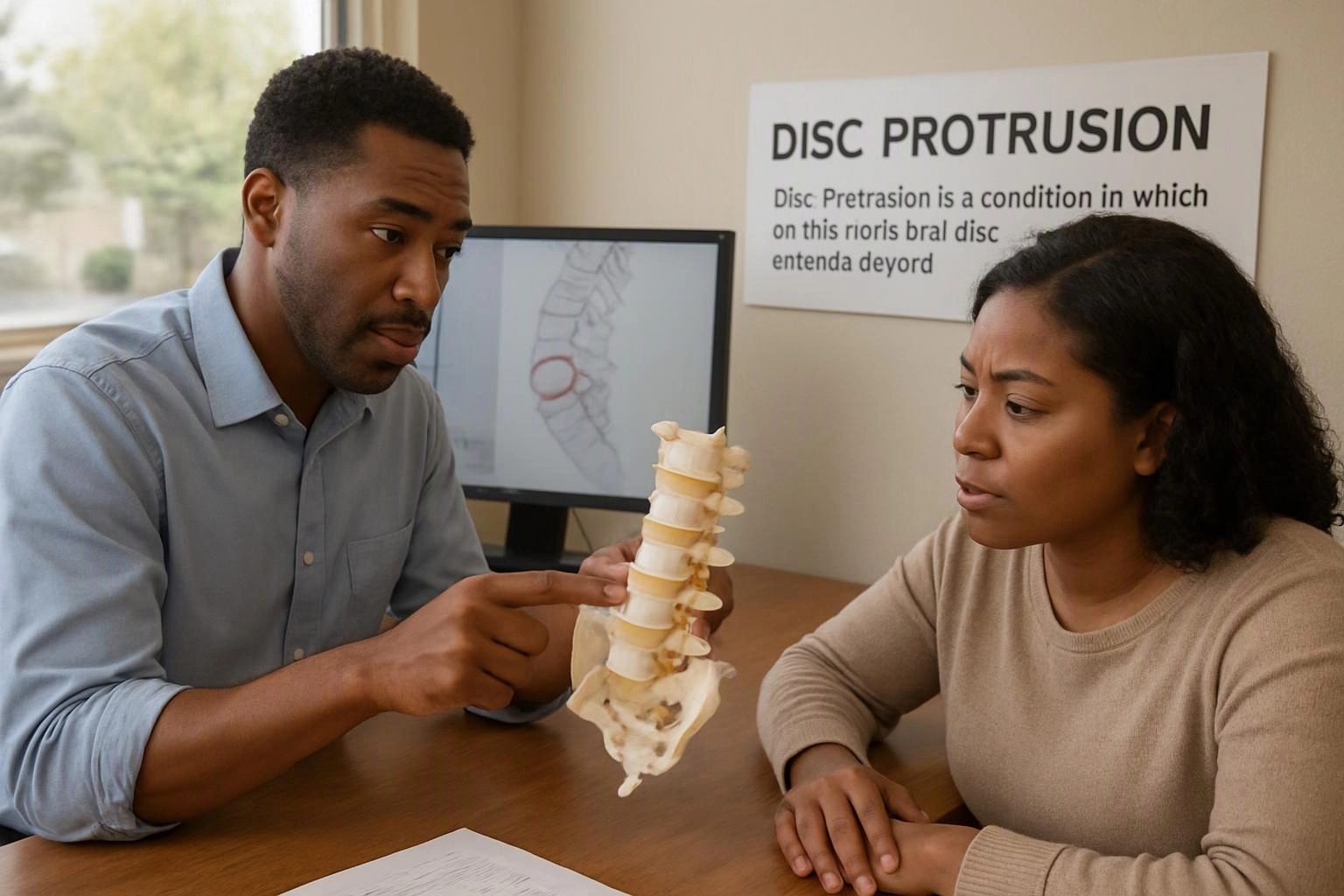 Two people study a spine model at a desk with a monitor and a disc protrusion poster behind them