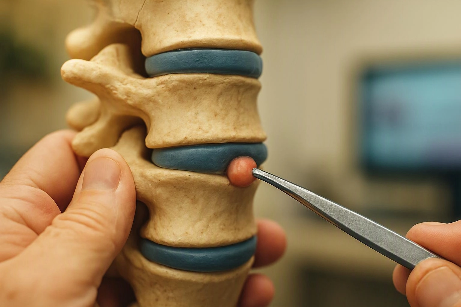 Hands hold a spine model while tweezers press a small pink sphere between vertebrae in a clinical setting