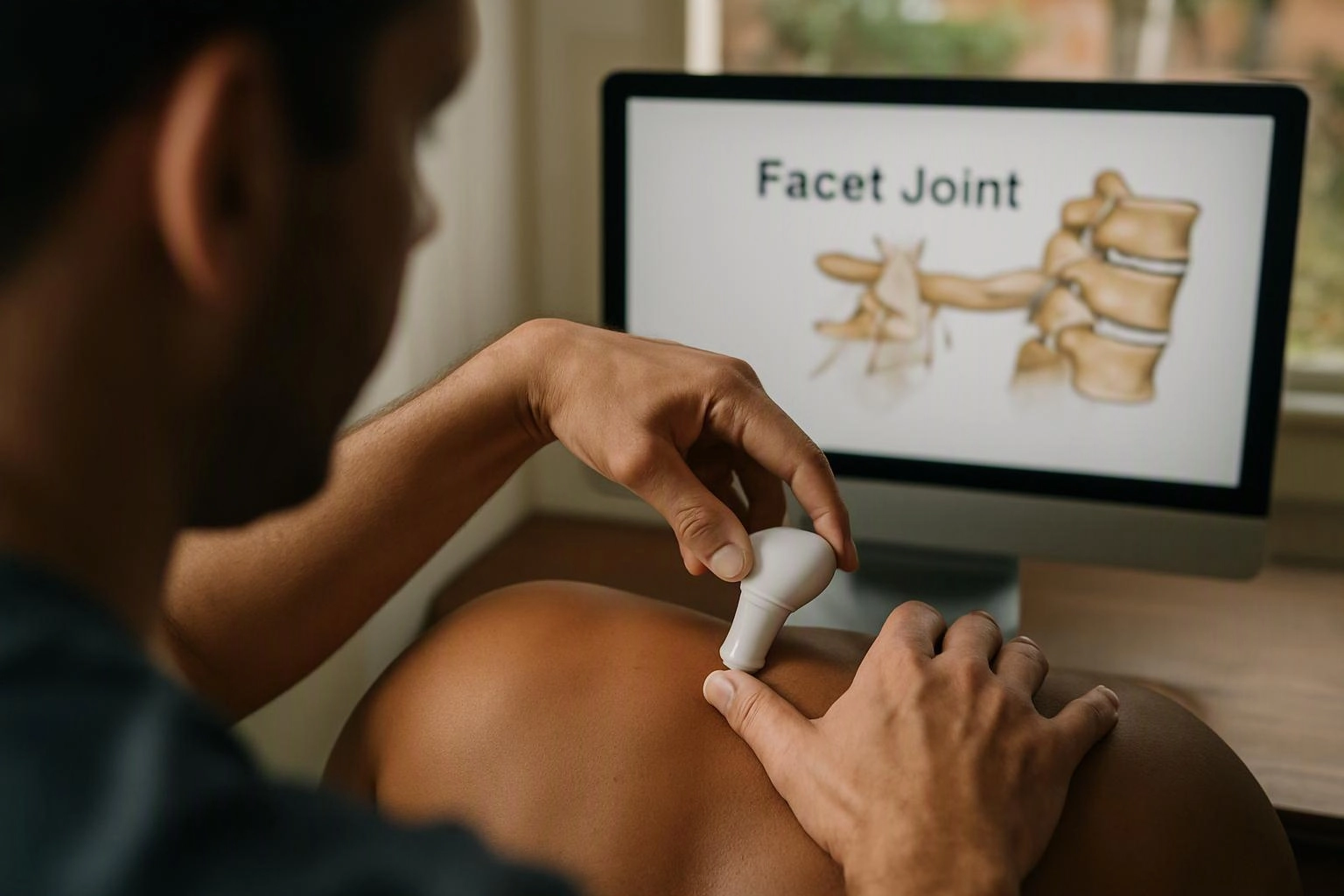 A person presses a white massage tool on a bent knee beside a monitor showing a faceted joint diagram