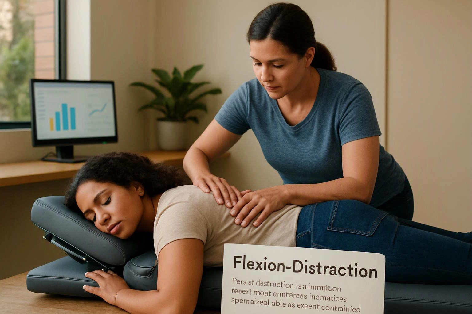 A woman massages another woman lying face down on a treatment table beside a chart on a computer screen and a sign reading “Flexion-Distraction”