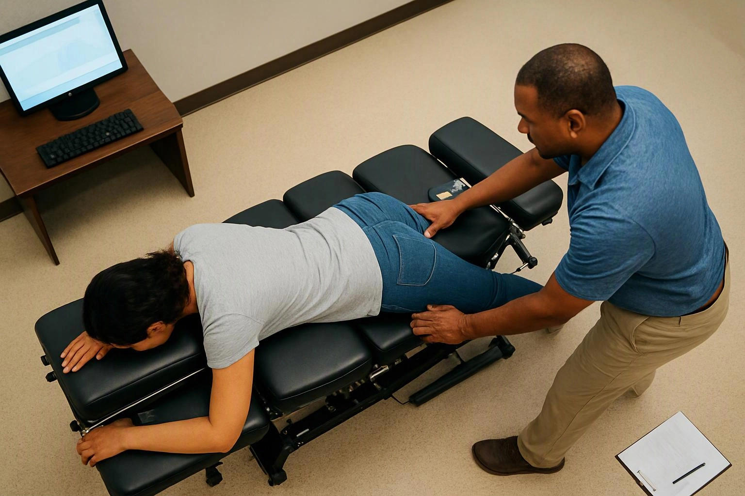 A man adjusts a woman lying face down on a padded chiropractic table in a clinic room