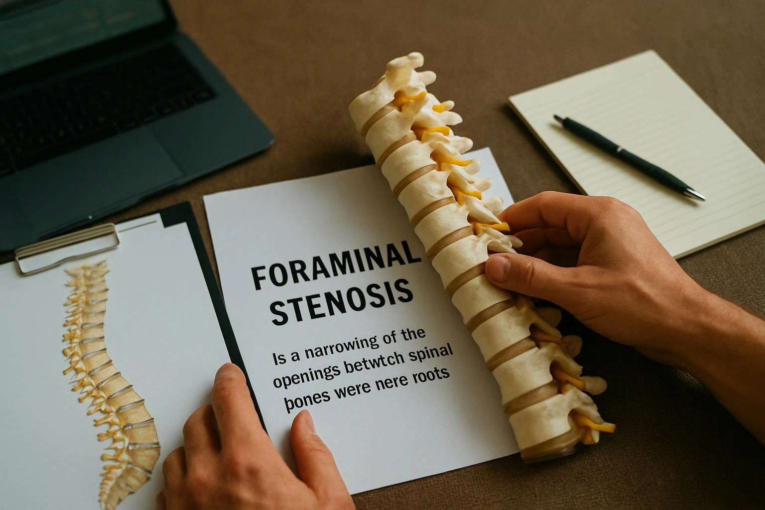 Hands hold a spine model over papers on a desk beside a laptop and notepad