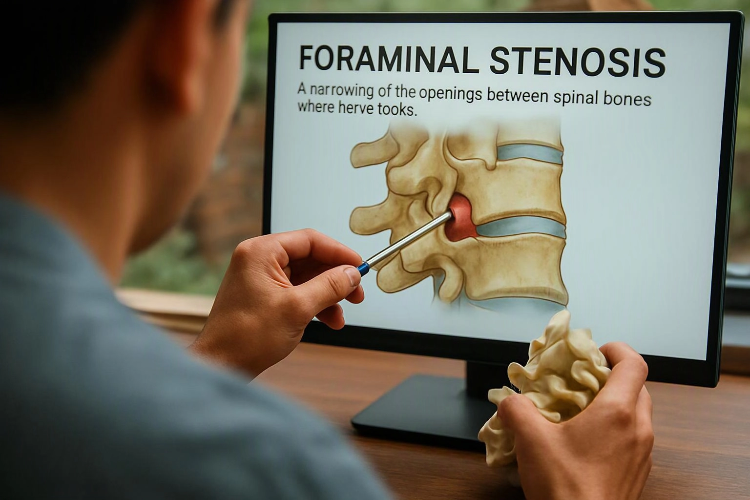 A person points at a spine diagram on a computer screen while holding a small bone model