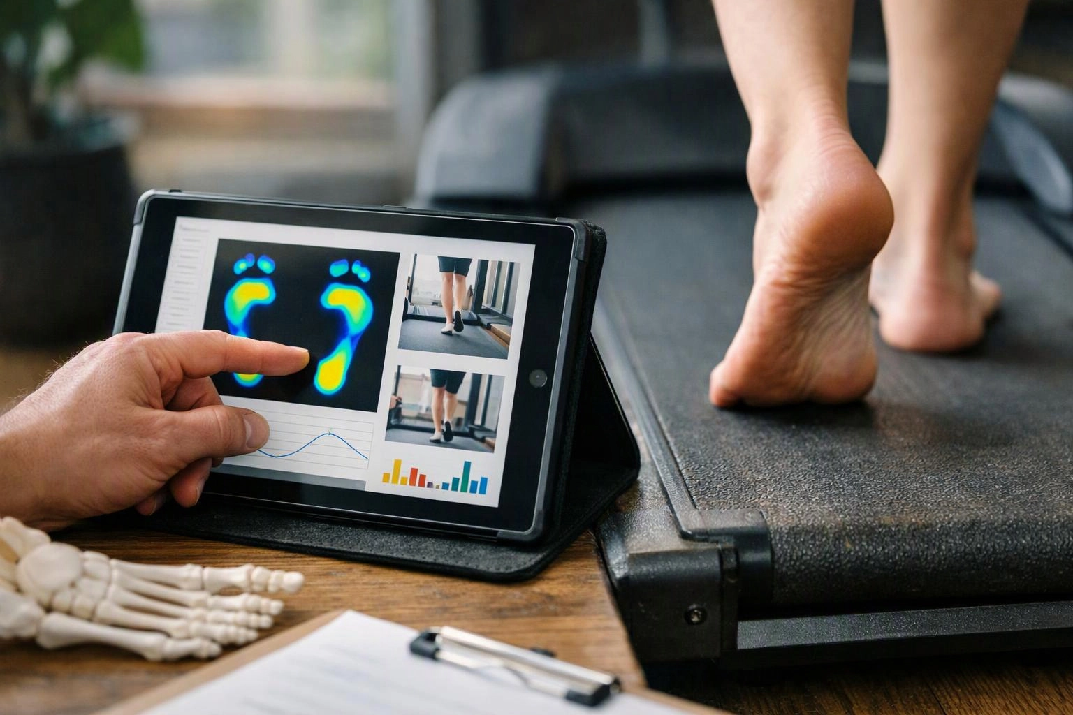 A hand points at a tablet showing foot scans and charts beside a person walking on a treadmill