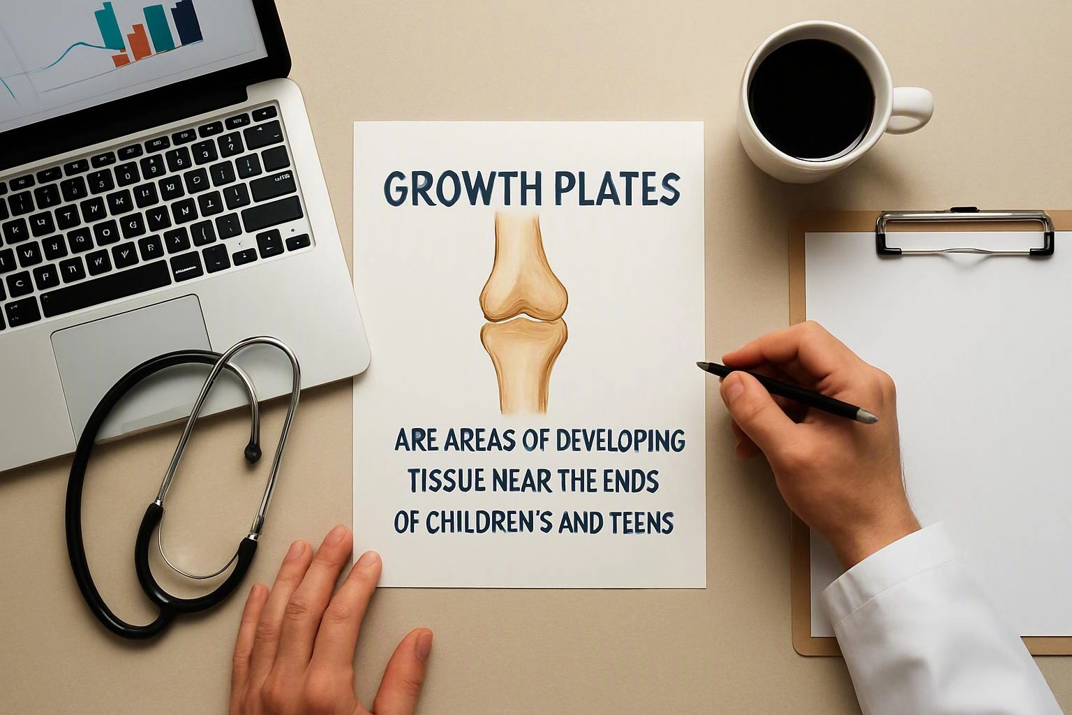 A desk holds a laptop, stethoscope, coffee, clipboard, and hands writing beside a bone growth chart