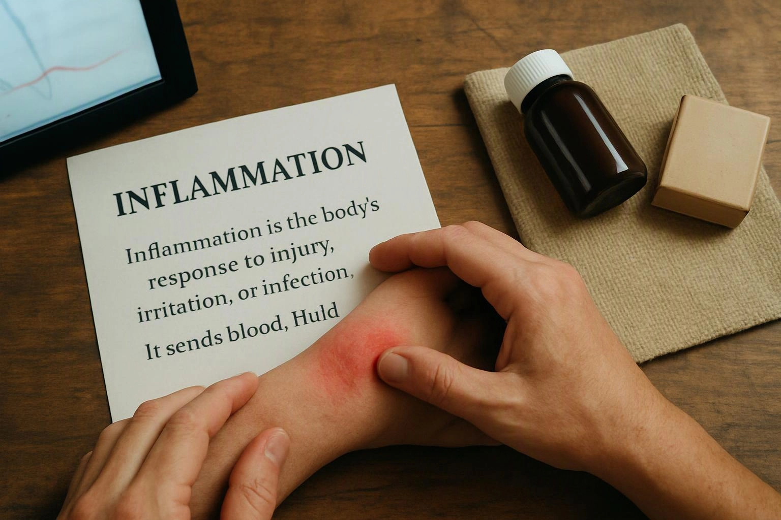 Hands press a reddened forearm beside an inflammation handout, a bottle, and a small box on a wooden table