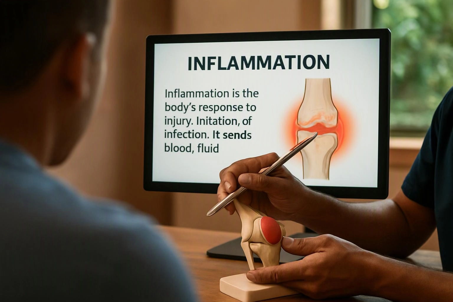 A person points to a knee model while a monitor shows an inflammation diagram and text