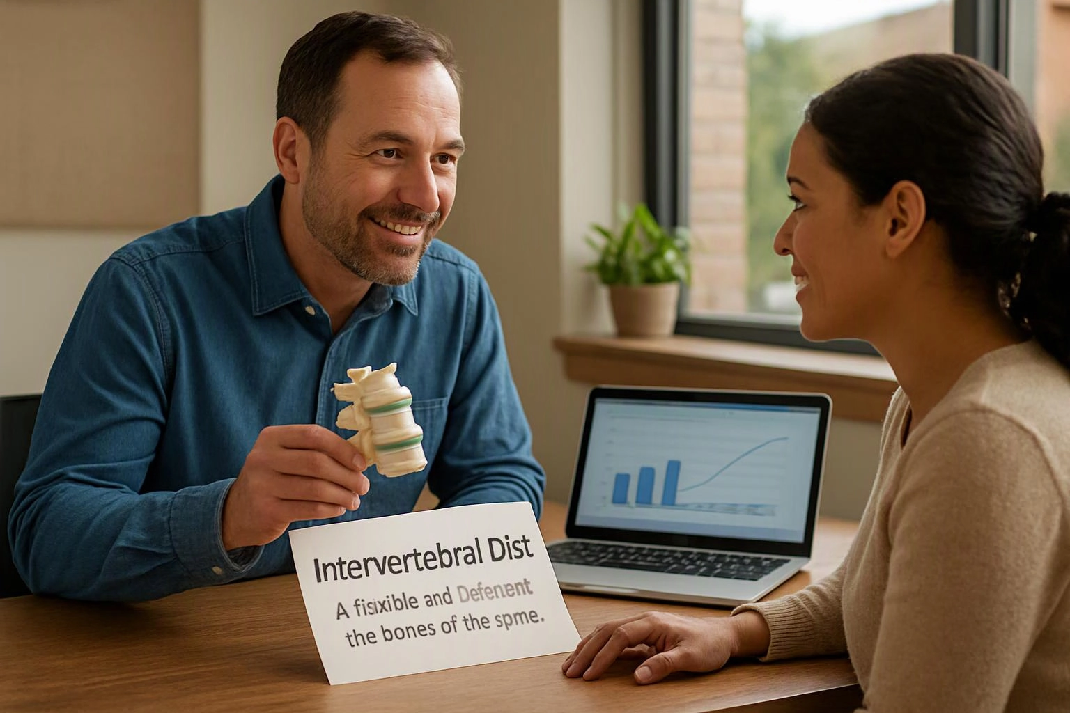 Two people talk at a table while one holds a spine model beside a laptop with a chart on screen