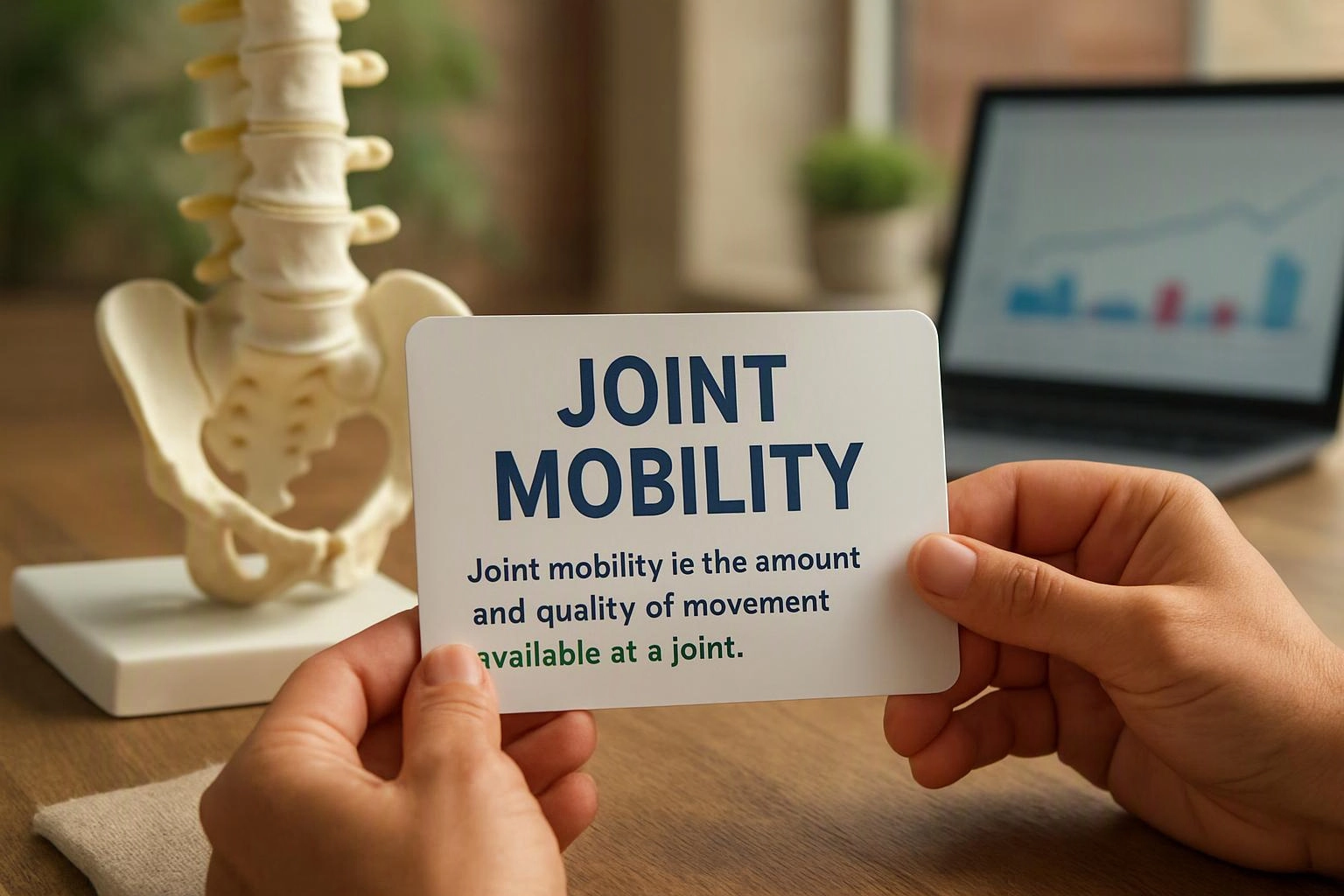 Hands hold a card reading Joint Mobility beside a spine model and a laptop on a desk