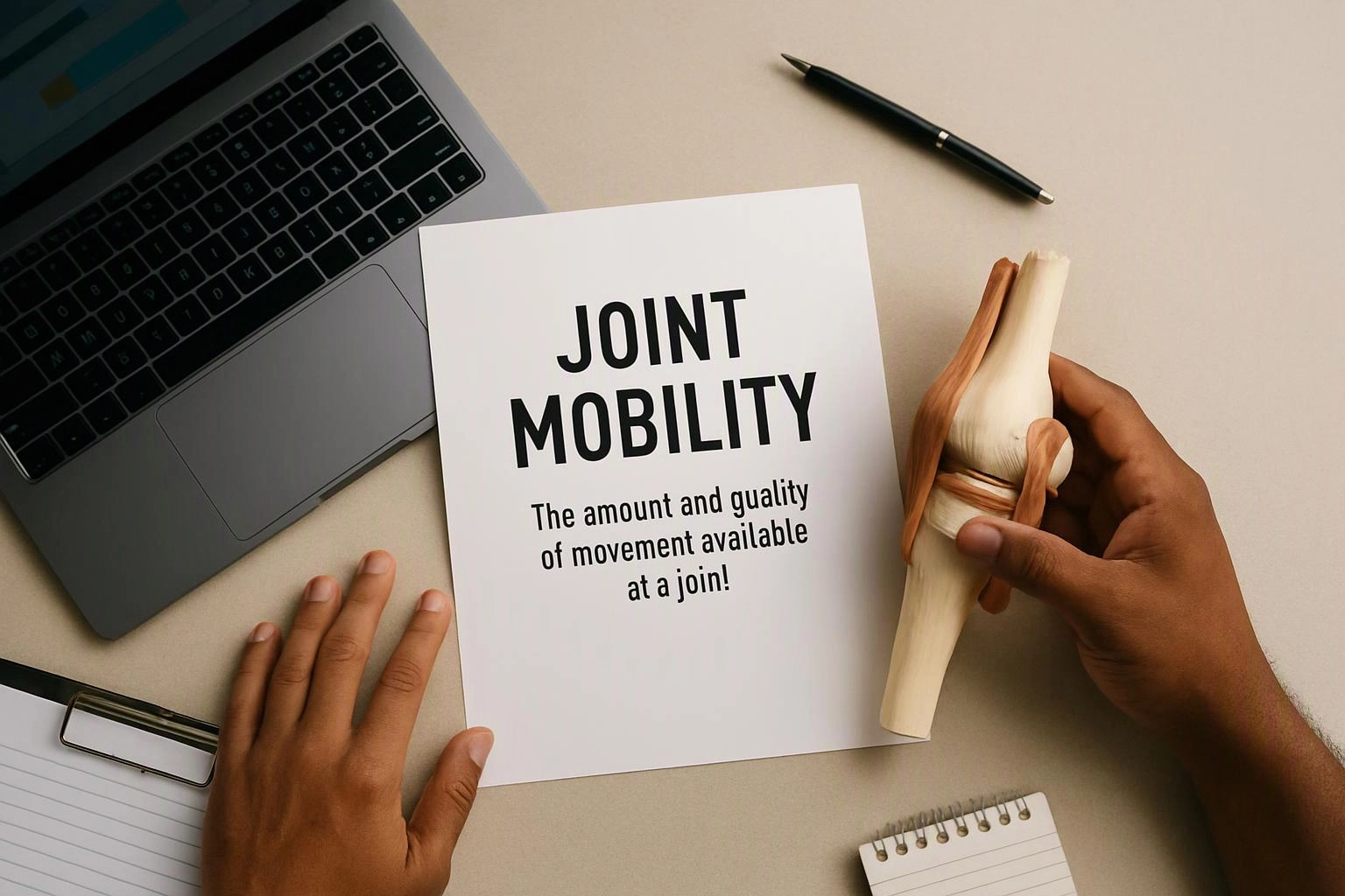 Hands hold a knee joint model beside a paper titled “JOINT MOBILITY” on a desk with a laptop and pen