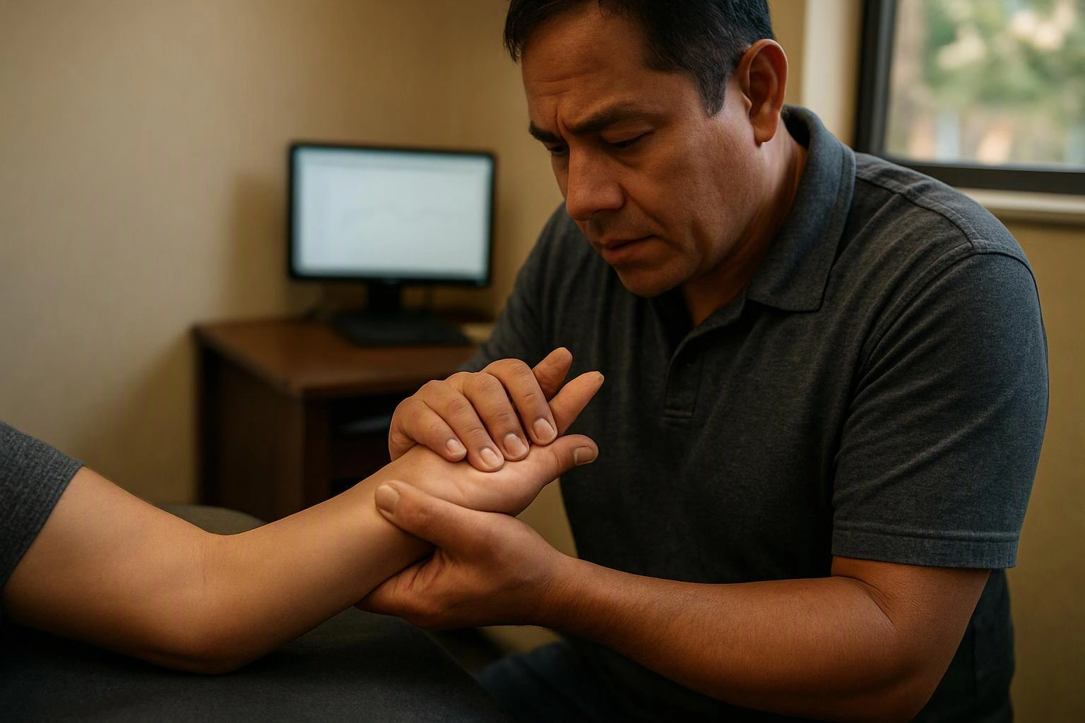 A man gently holds another person’s wrist while looking down in a quiet office room
