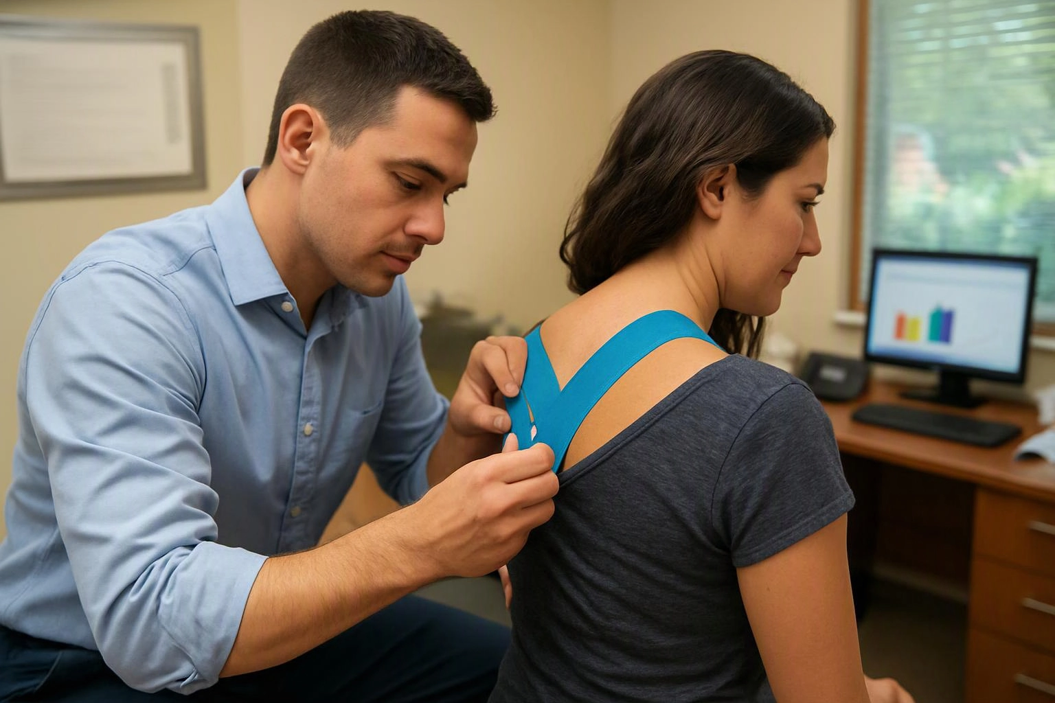 A man applies blue kinesiology tape to a woman’s upper back in a clinic office