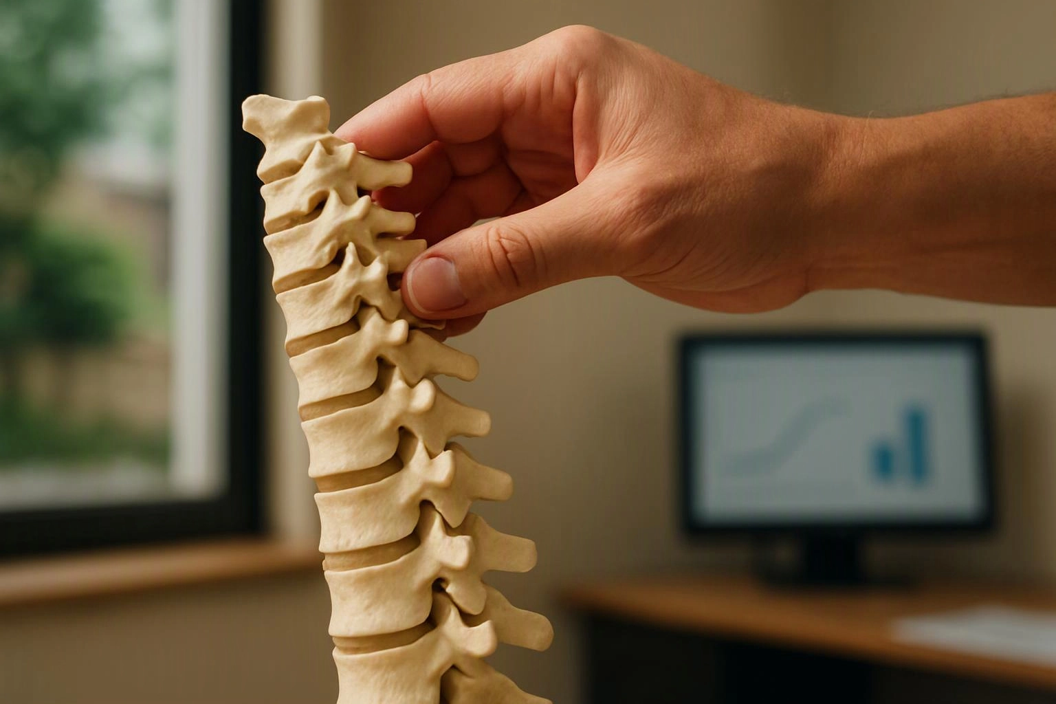 A hand holds a small model of stacked spine bones in a blurred office setting