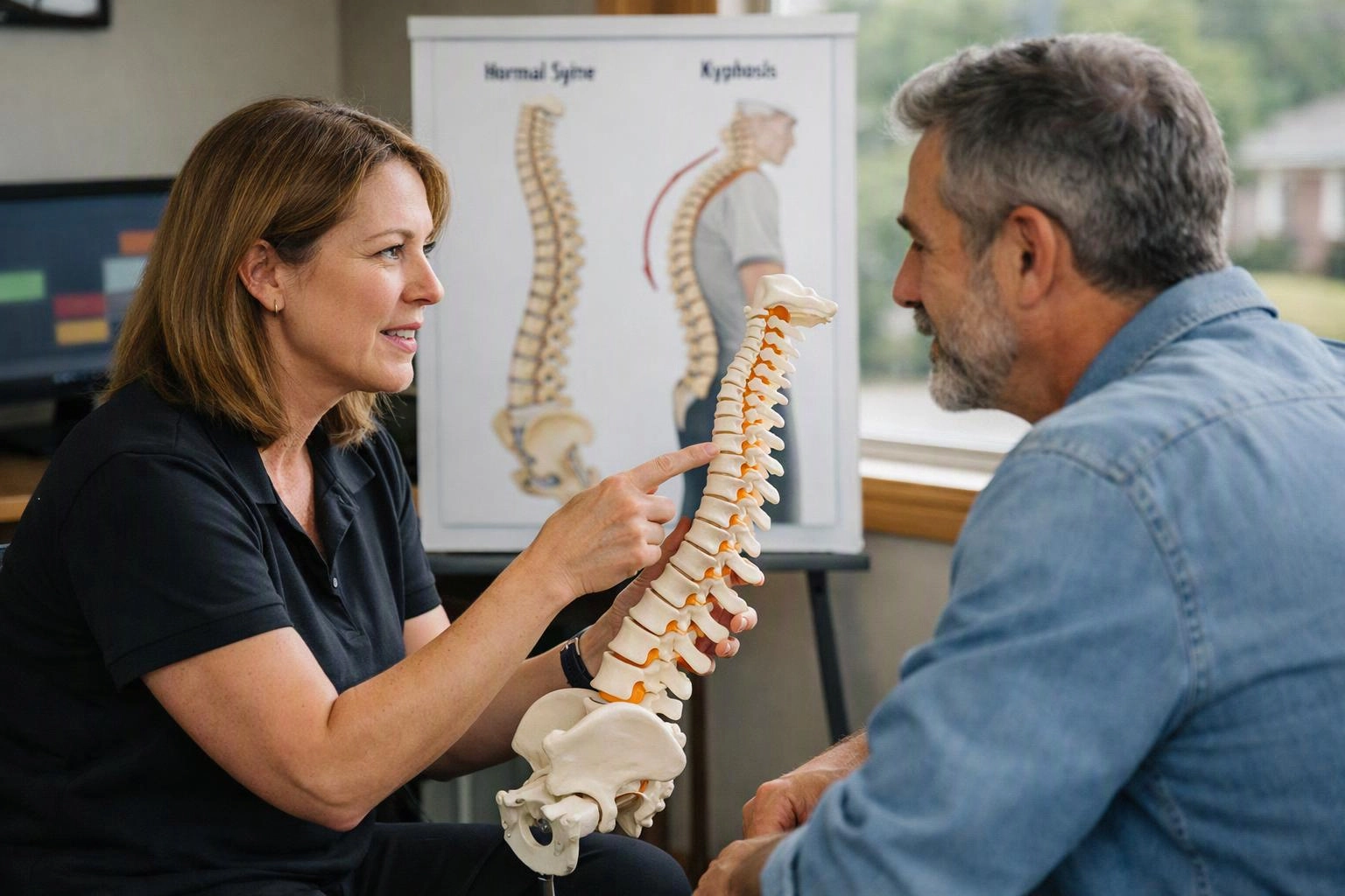 A woman points to a spine model while talking to a seated man in a clinic room