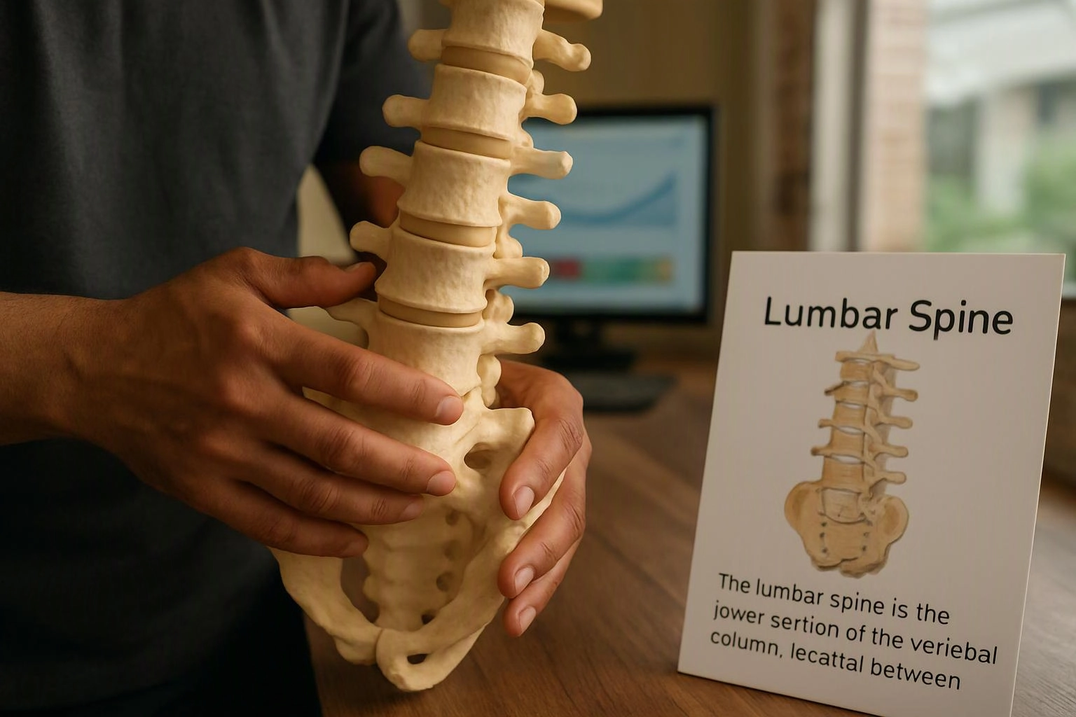 Hands hold a spine model beside a card labeled Lumbar Spine on a wooden table
