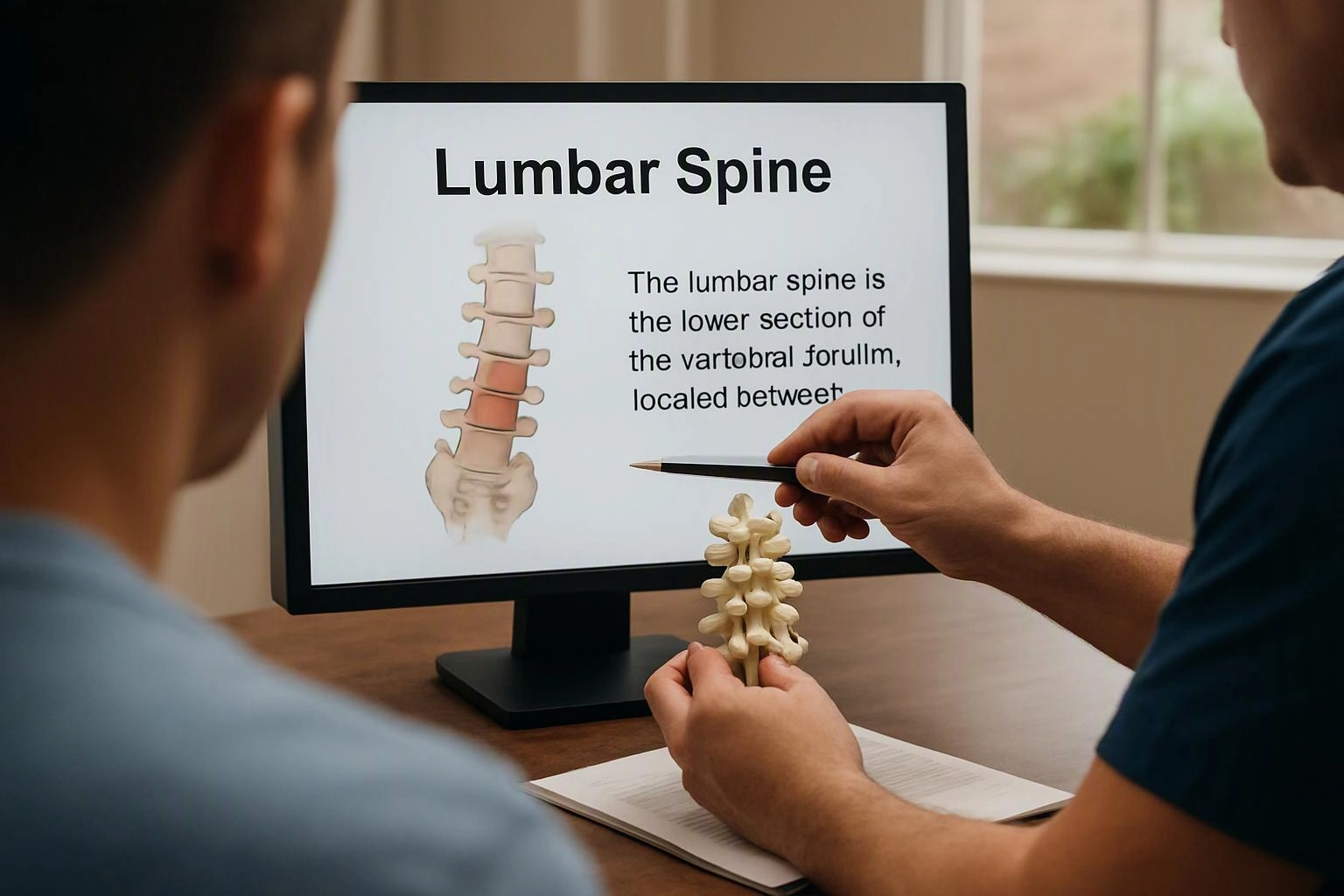 Two people study a monitor showing a lumbar spine diagram while one points with a pencil and holds a small spine model