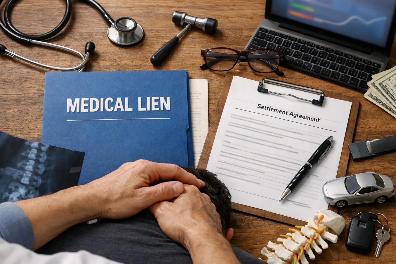 A desk holds a medical lien folder, settlement papers, stethoscope, gavel, glasses, car model
