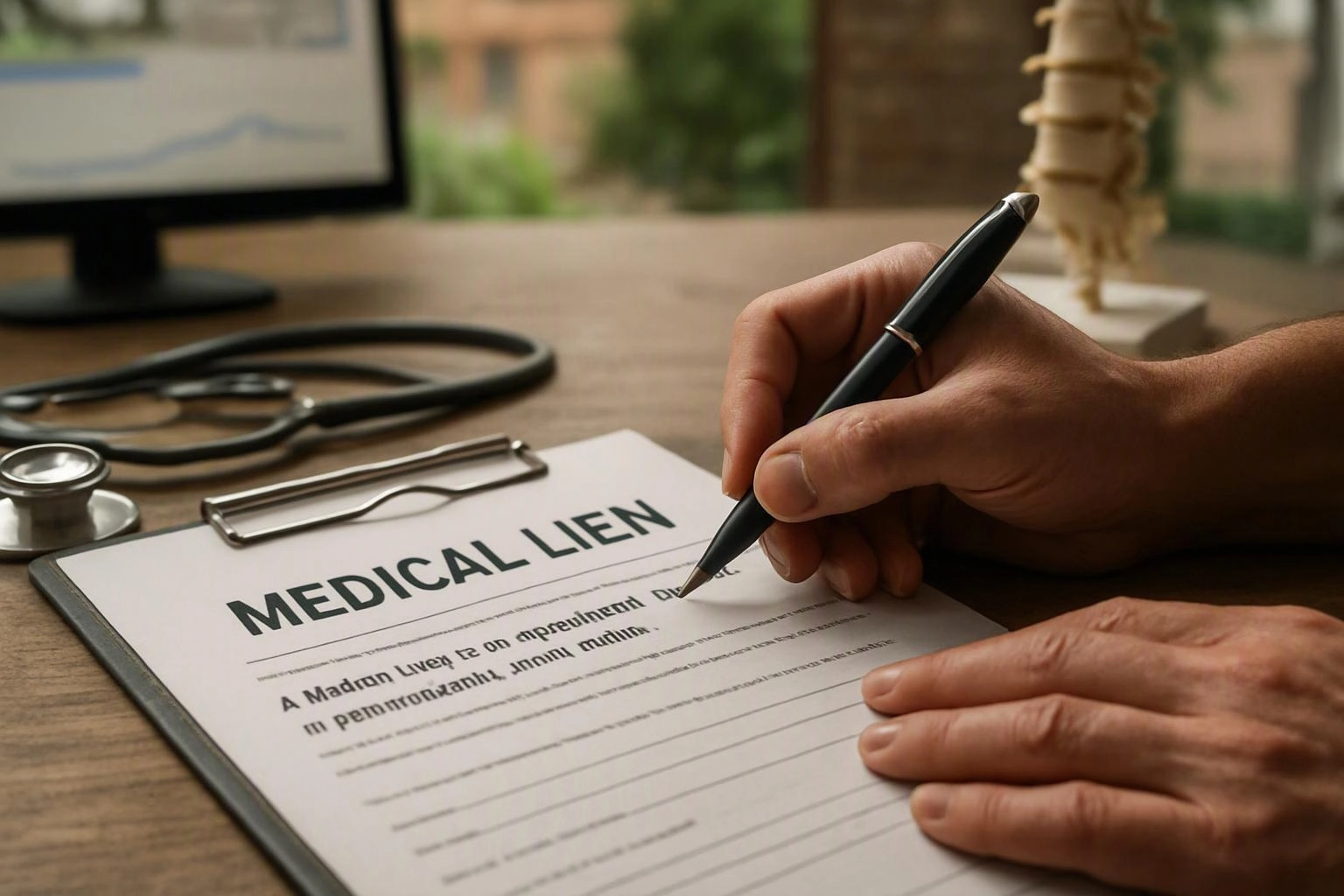A person signs a medical lien form on a desk beside a stethoscope and computer monitor