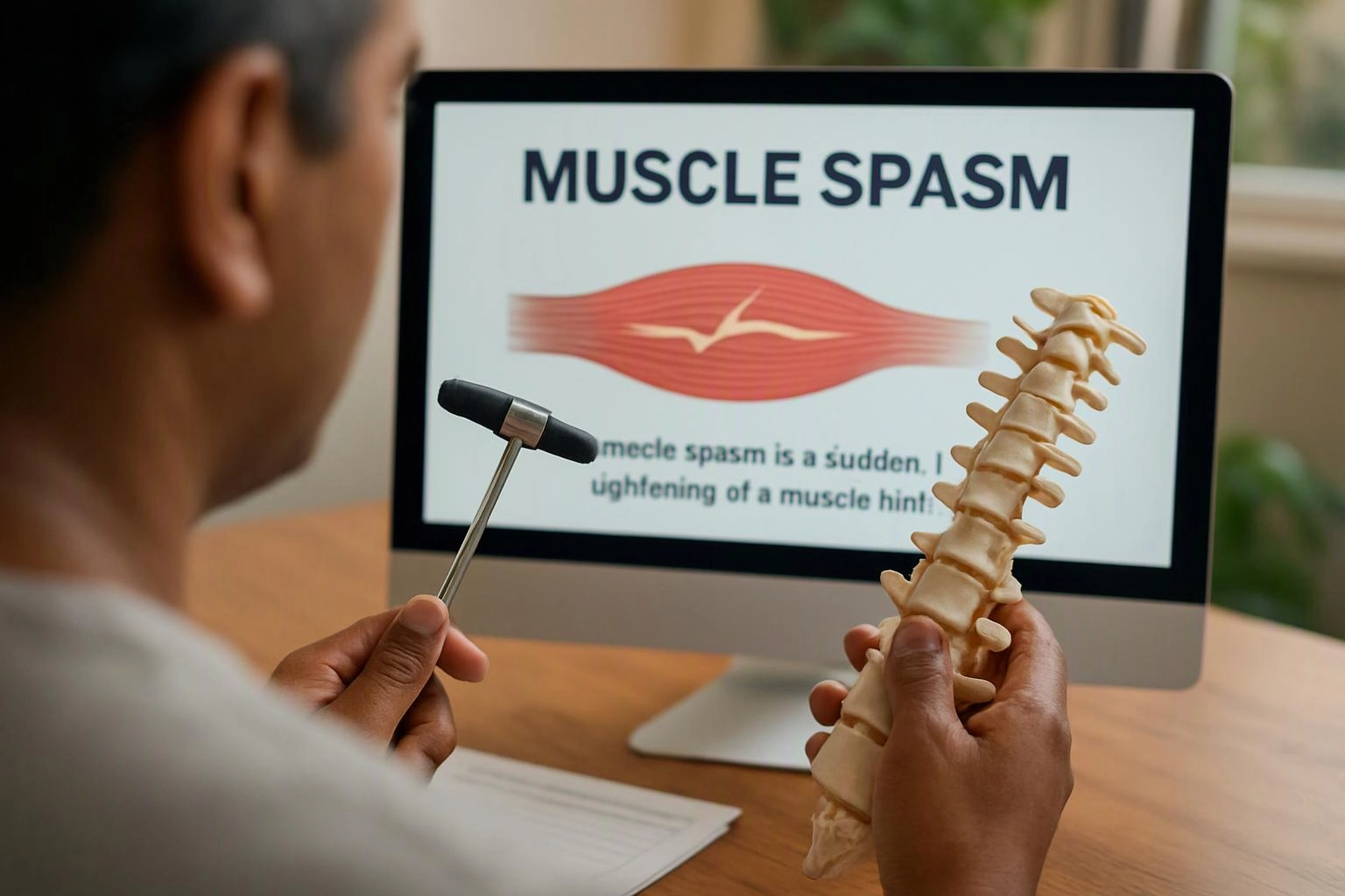 A person studies a spine model and reflex hammer beside a screen showing “MUSCLE SPASM”