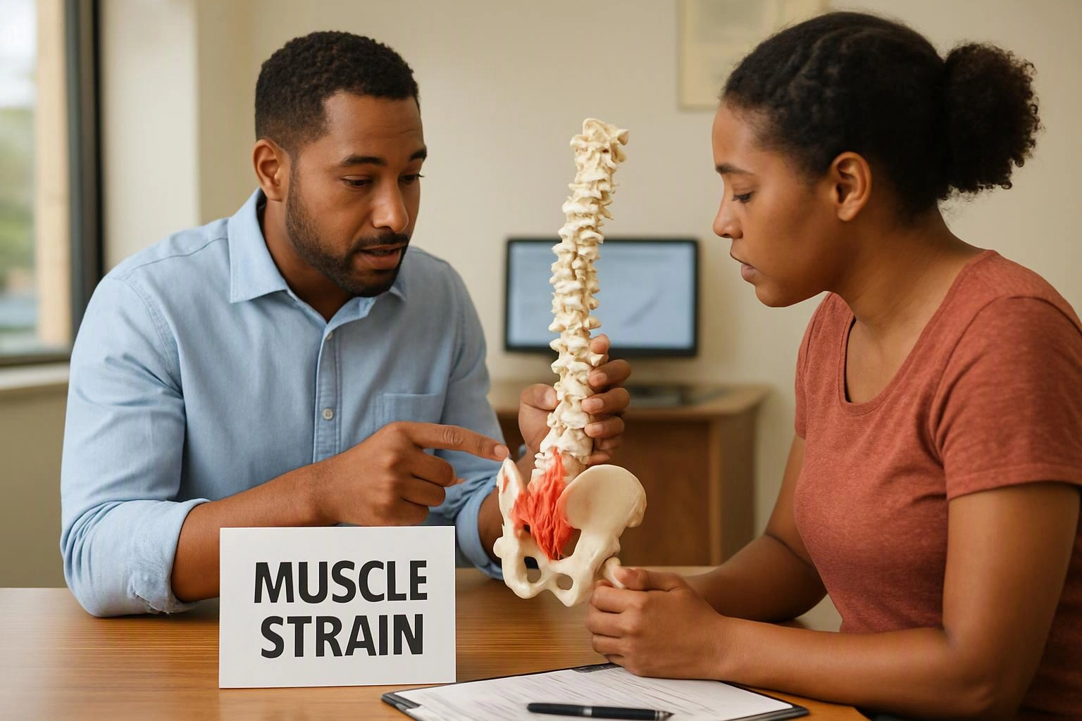 A man points at a spine model while a woman studies it beside a card reading muscle strain